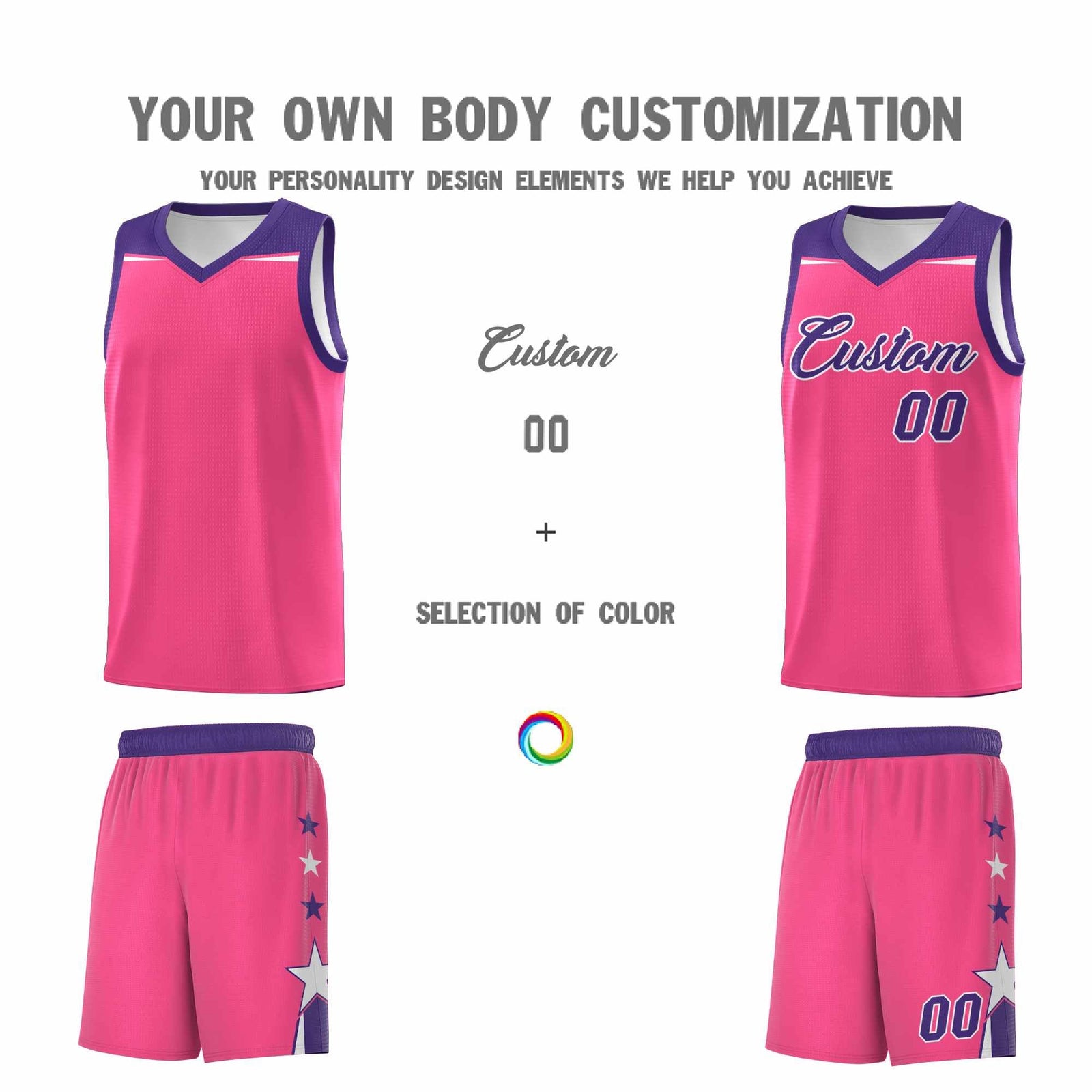 Custom Youth Basketball Uniform Pink Purple Two Tone Side Star Add Name Number & Logo