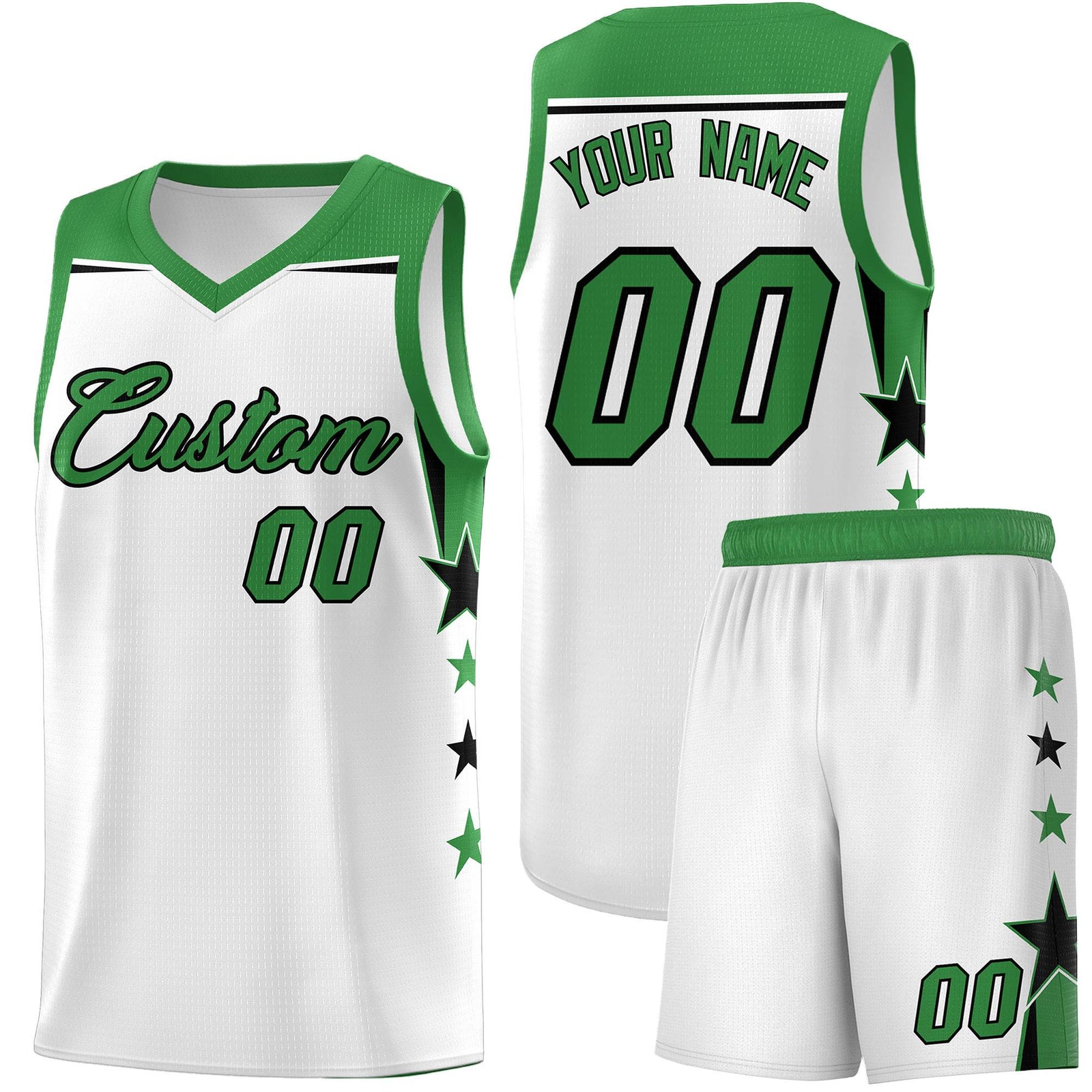 Custom Youth Basketball Uniform White Kelly Green Two Tone Side Star Color Block Team Jersey