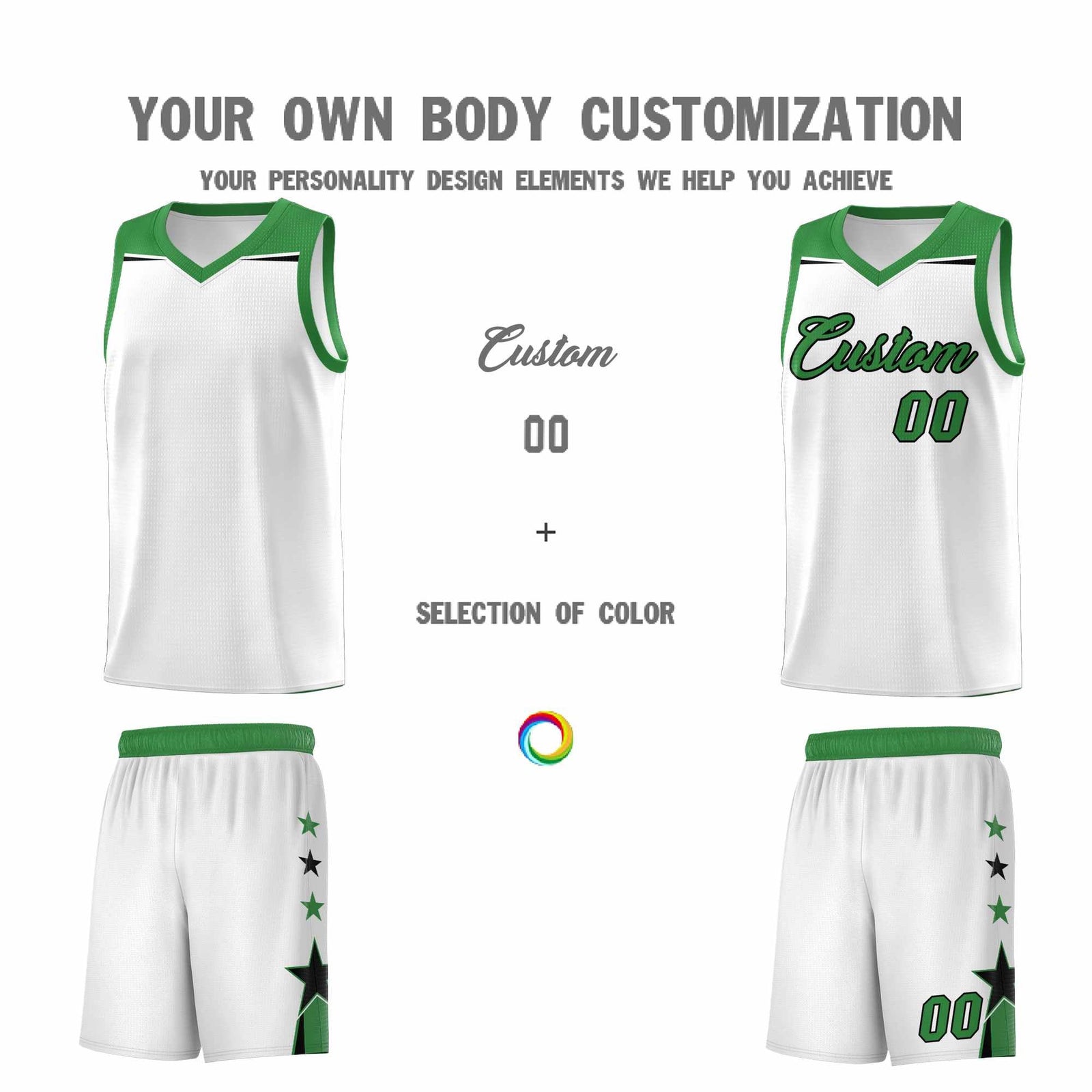 Custom Youth Basketball Uniform White Kelly Green Two Tone Side Star Color Block Team Jersey