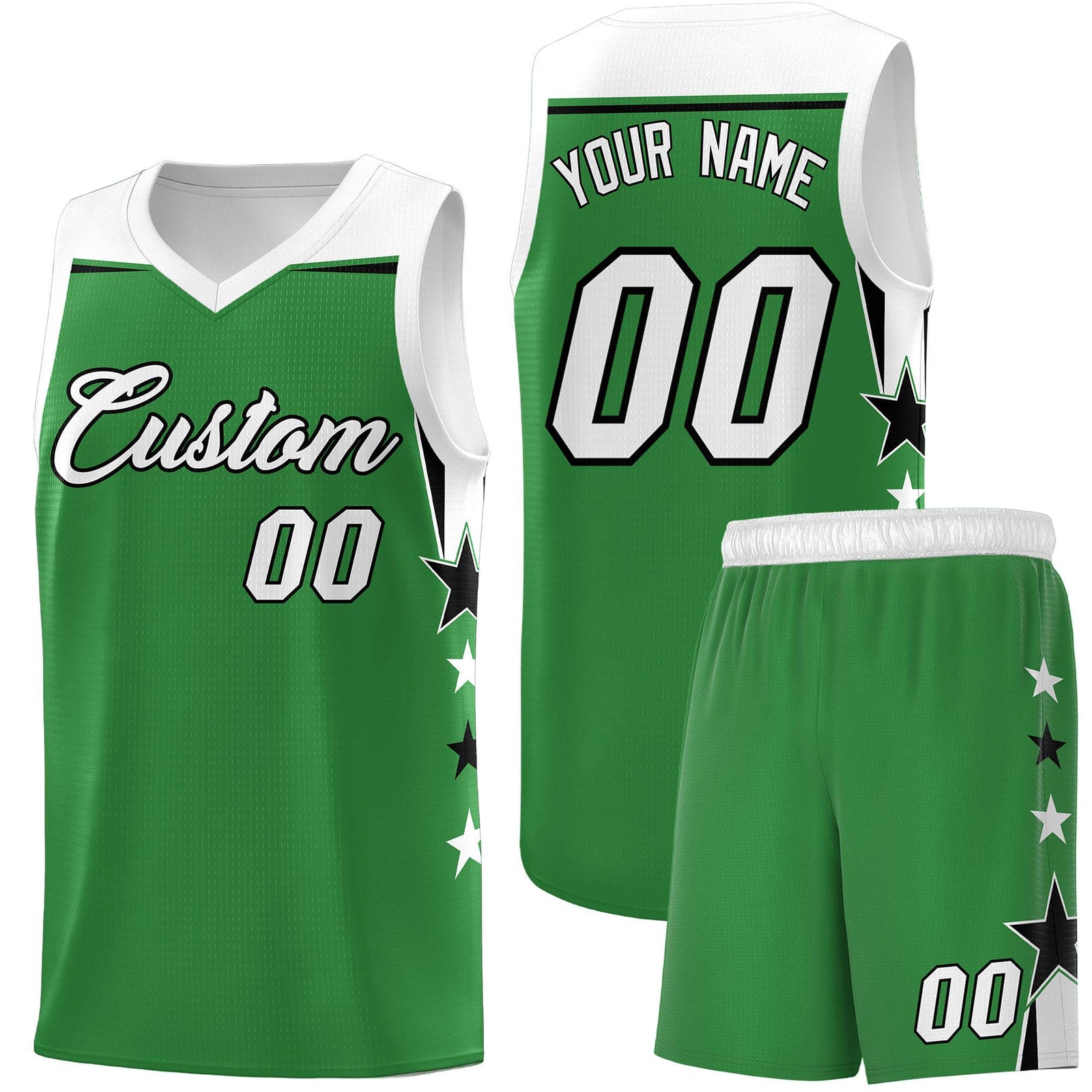 Custom Youth Basketball Uniform Kelly Green White Two Tone Side Star Add Name Number & Logo