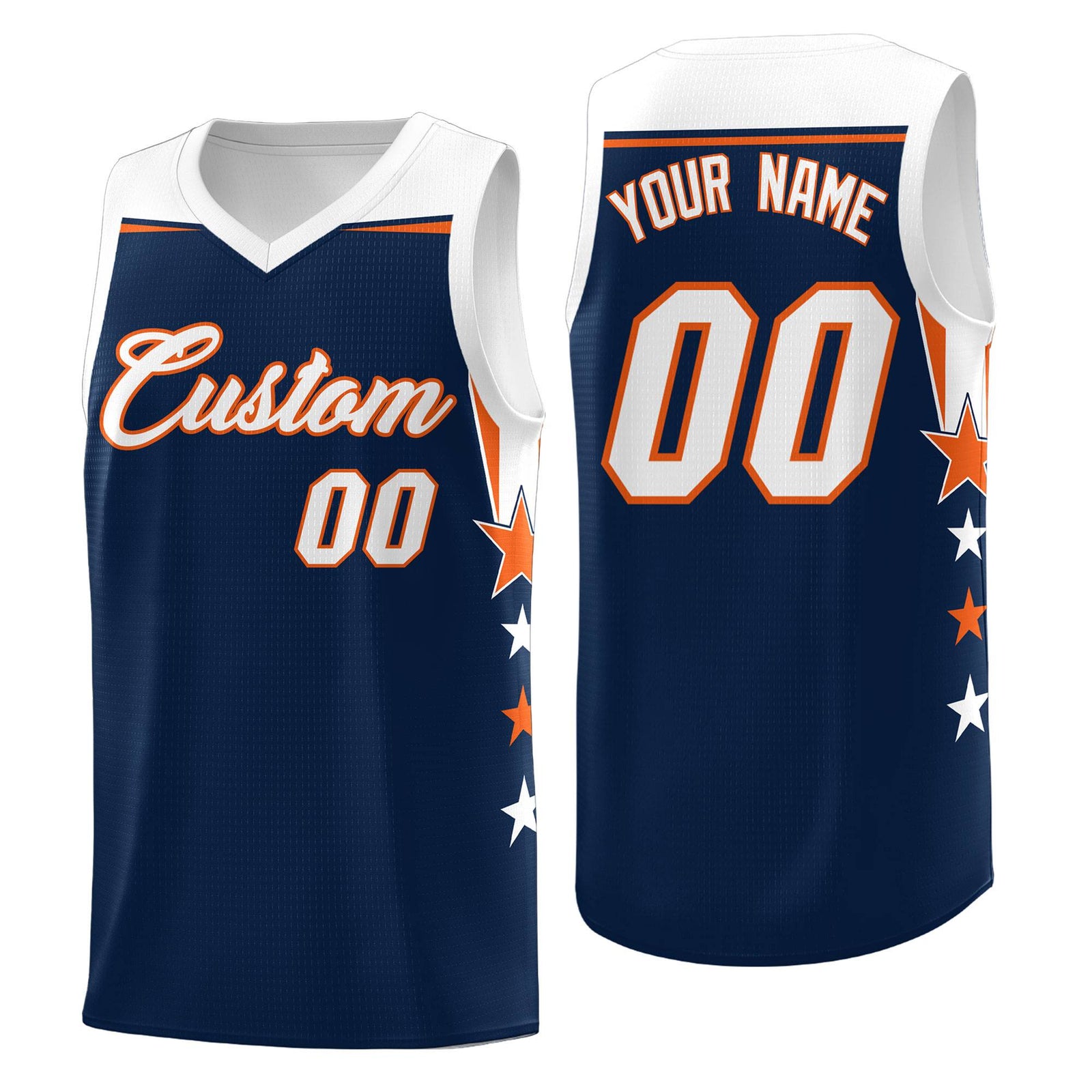 Custom Youth Basketball Uniform Navy White Two Tone Side Star Add Name Number & Logo