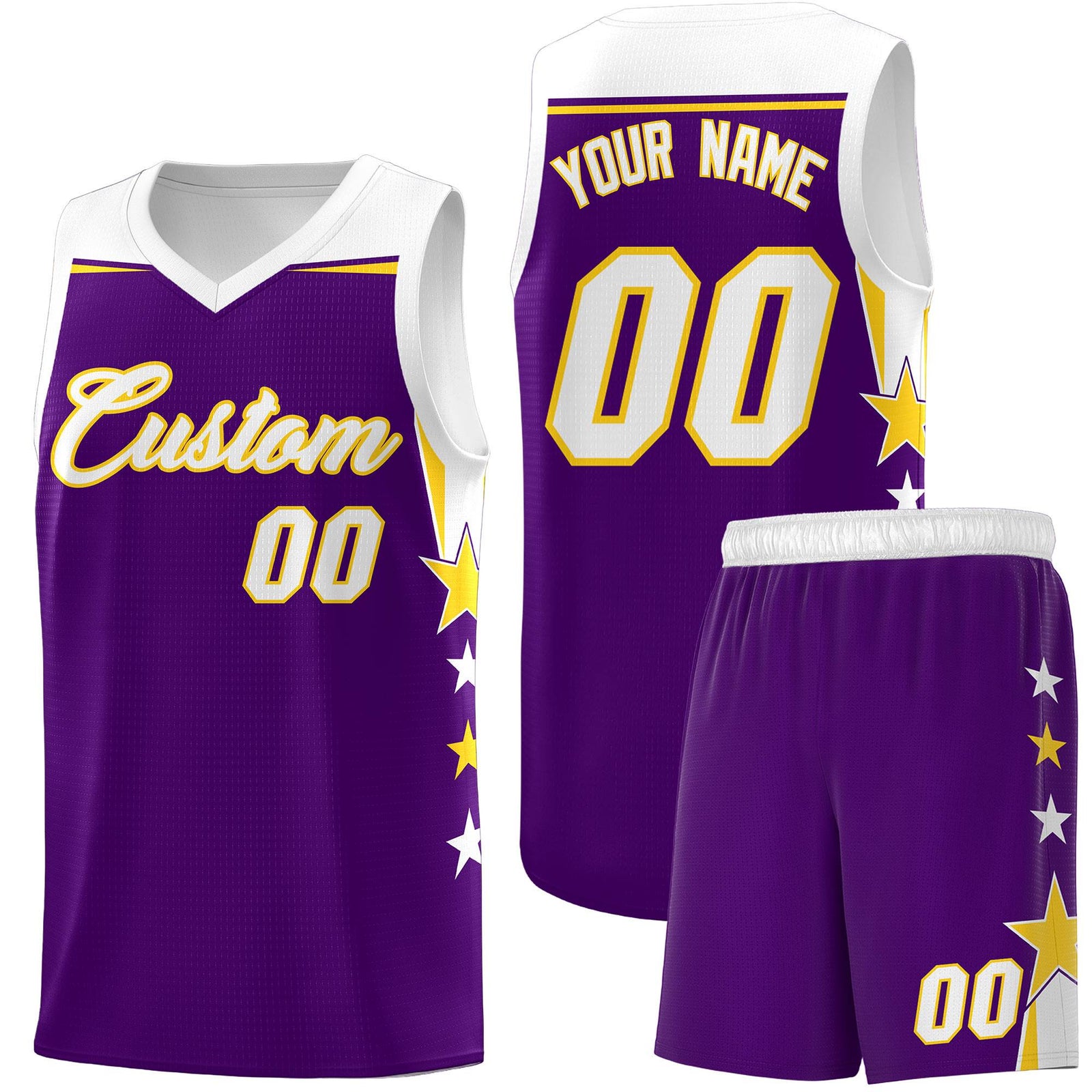 Custom Youth Basketball Uniform Purple White Two Tone Side Star Add Name Number & Logo