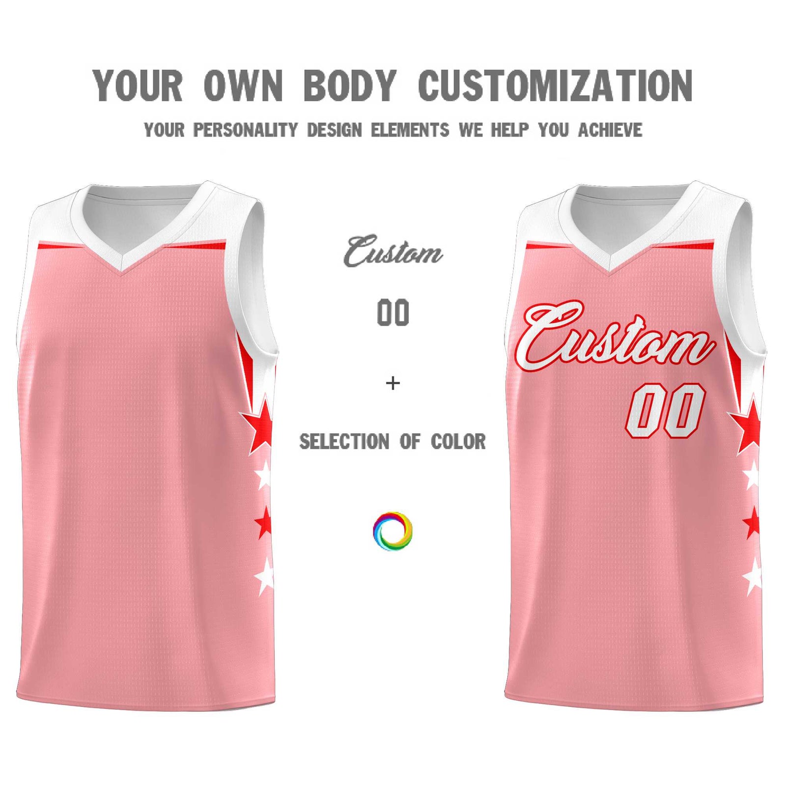 Custom Youth Basketball Uniform Light Pink White Two Tone Side Star Add Name Number & Logo