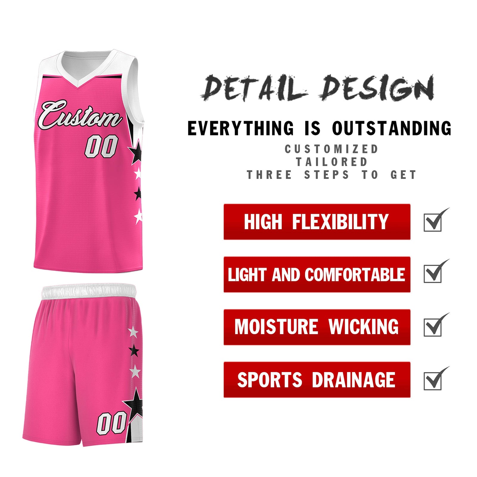 Custom Youth Basketball Uniform Pink White Two Tone Side Star Add Name Number & Logo
