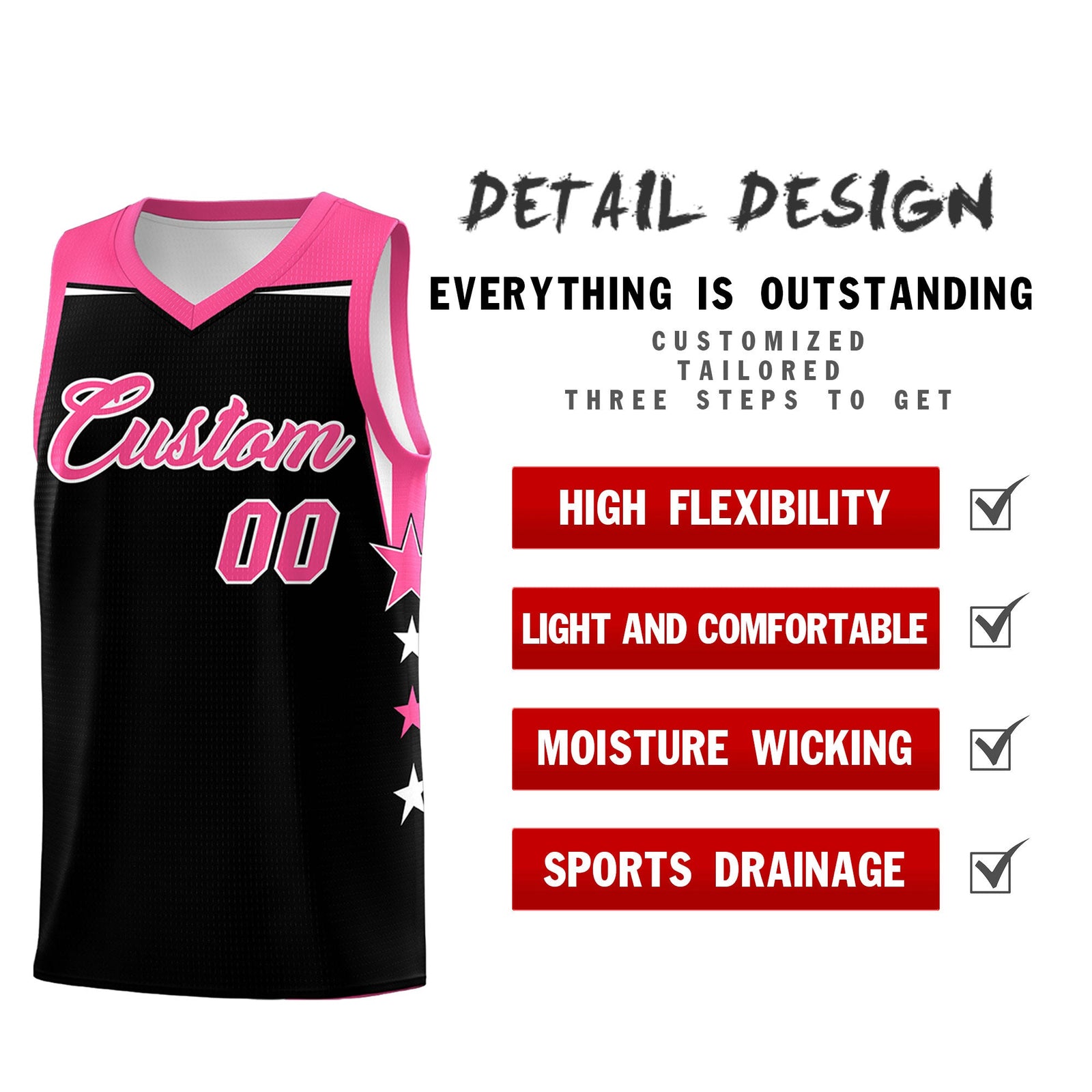Custom Youth Basketball Uniform Black Pink Two Tone Side Star Personalized Team Jersey