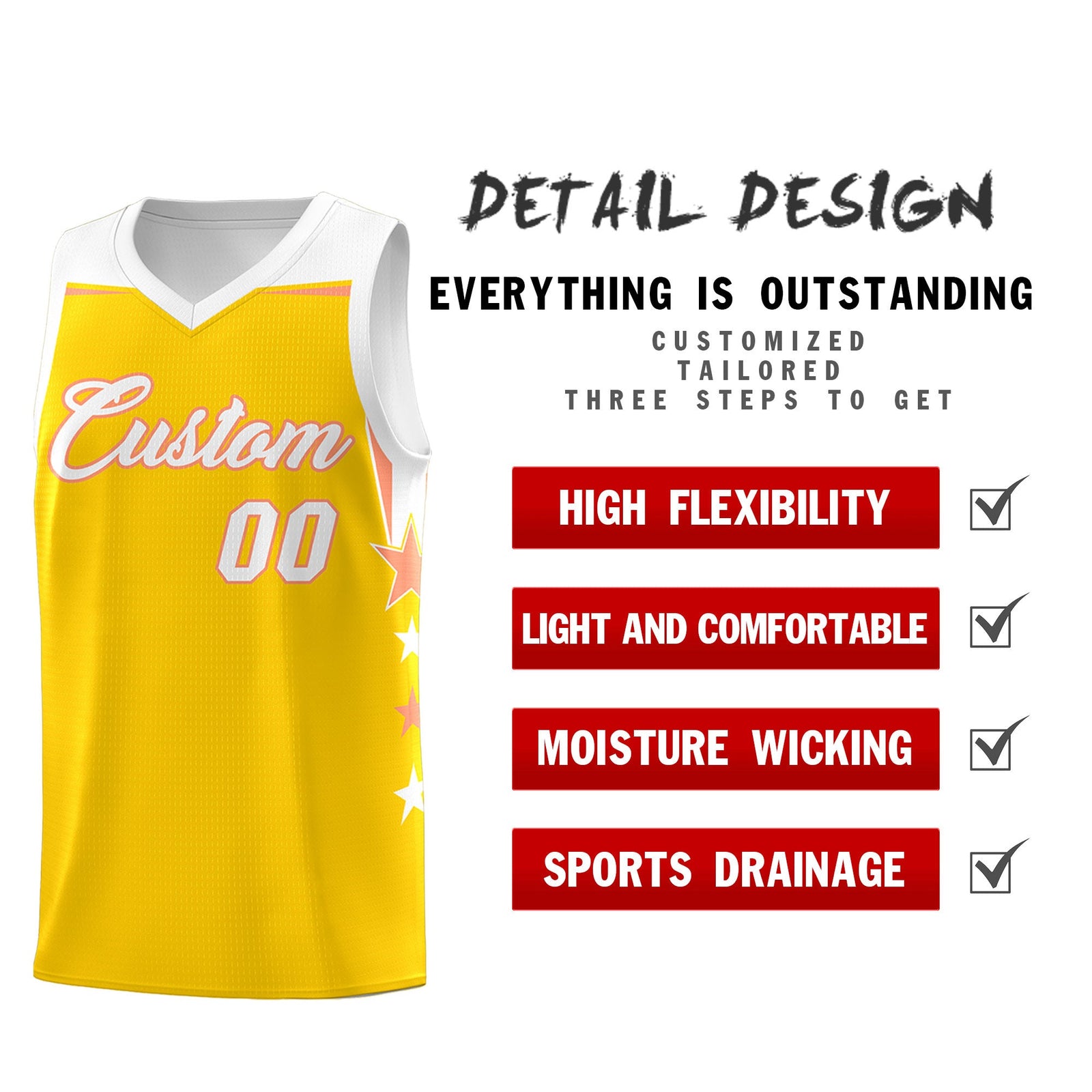 Custom Youth Basketball Uniform Gold White Two Tone Side Star Color Block Team Jersey