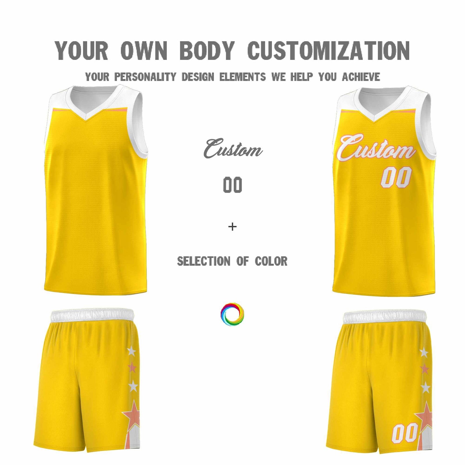 Custom Youth Basketball Uniform Gold White Two Tone Side Star Color Block Team Jersey