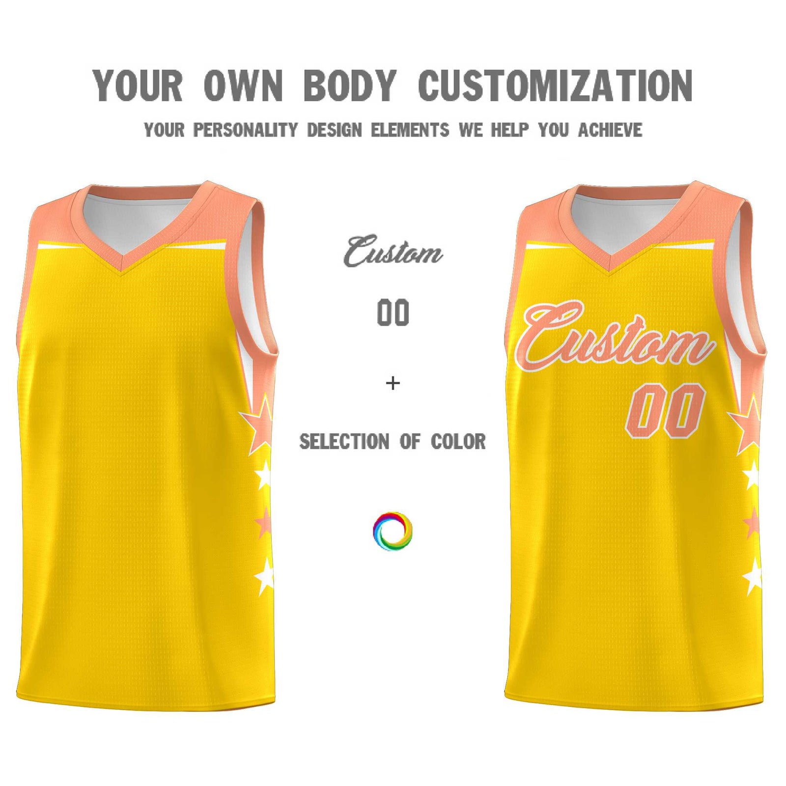 Custom Youth Basketball Uniform Gold Light Orange Two Tone Side Star Color Block Team Jersey