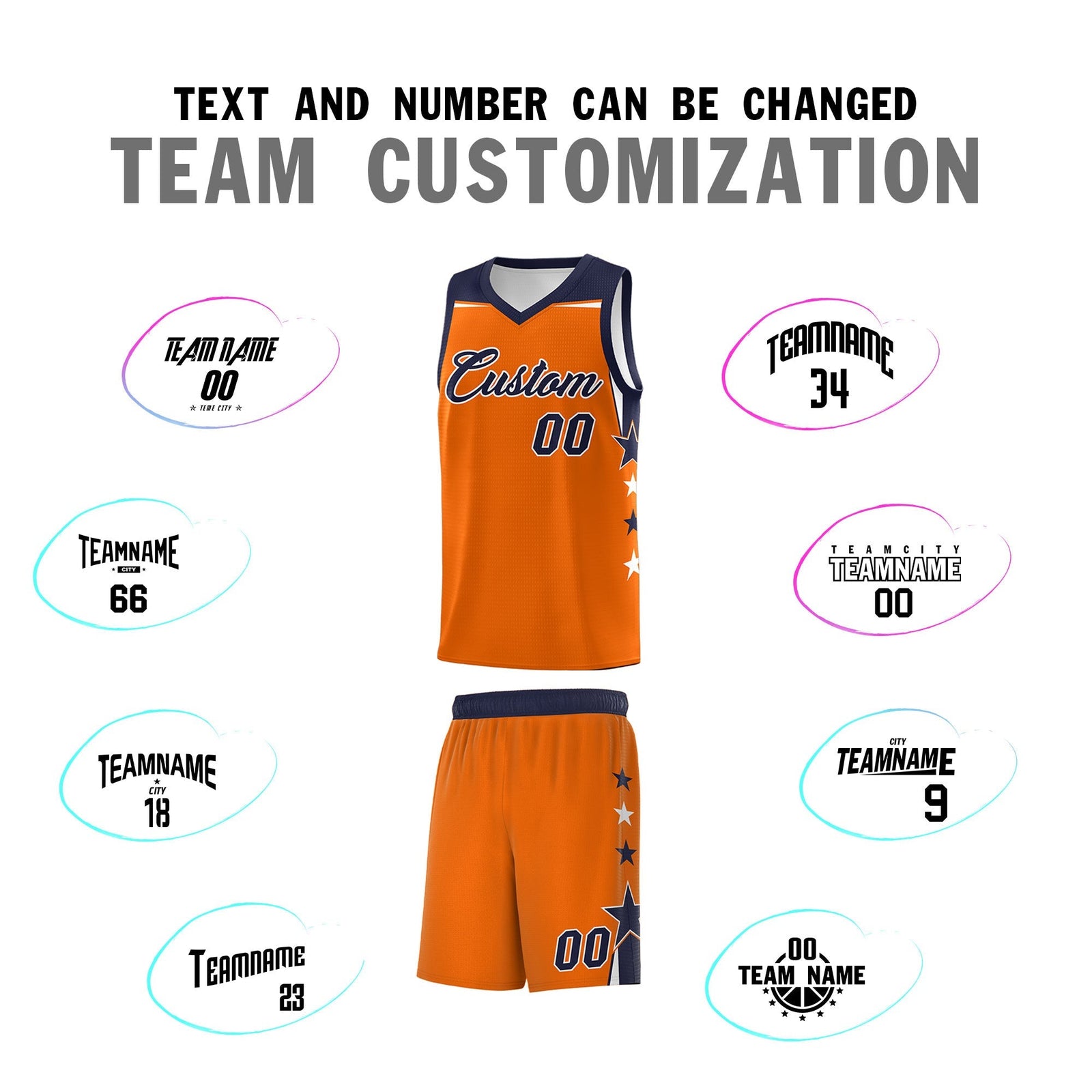 Custom Youth Basketball Uniform Orange Navy Two Tone Side Star Color Block Team Jersey