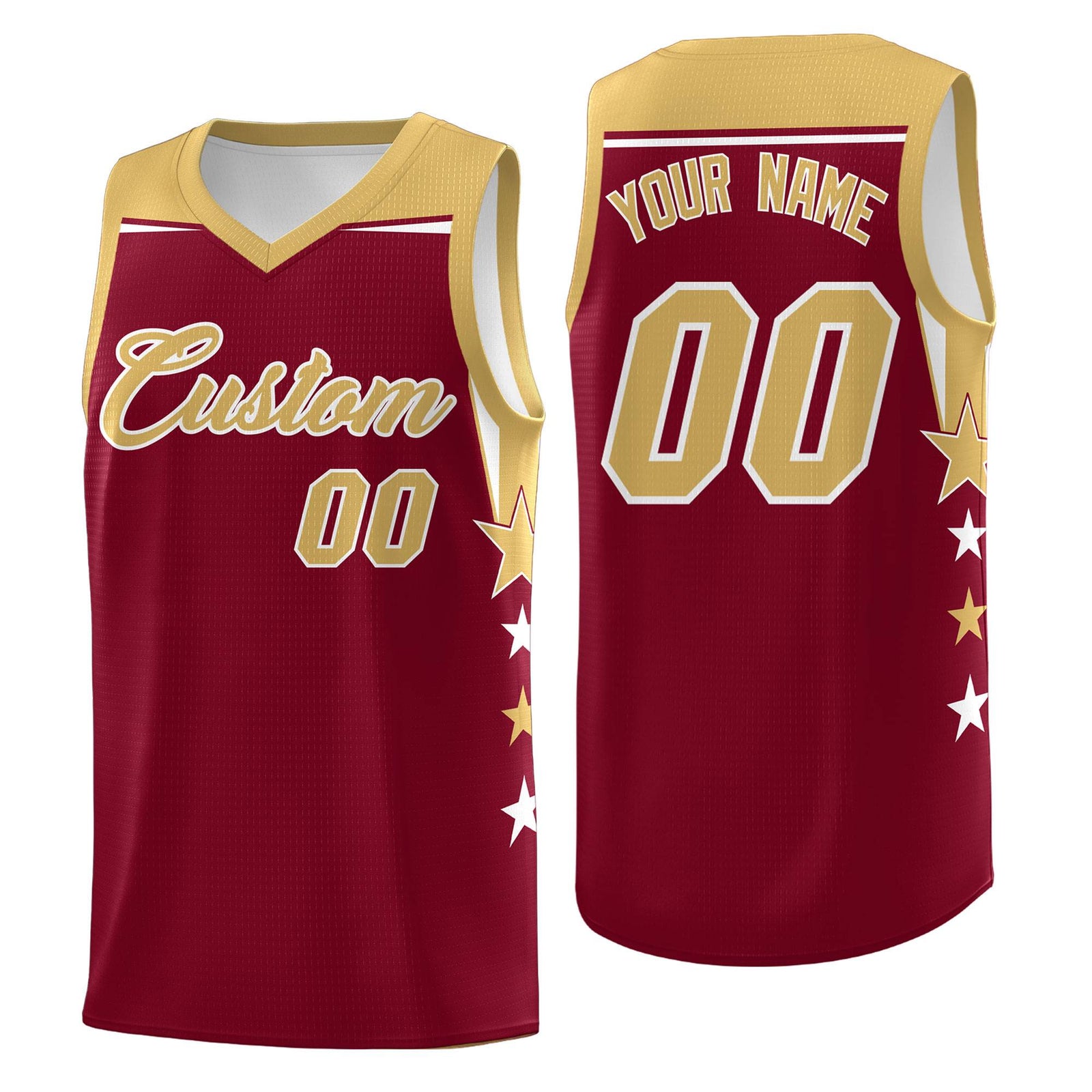 Custom Youth Basketball Uniform Crimson Old Gold Two Tone Side Star Color Block Team Jersey