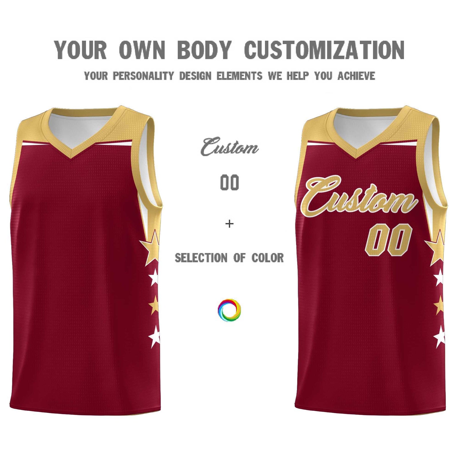 Custom Youth Basketball Uniform Crimson Old Gold Two Tone Side Star Color Block Team Jersey