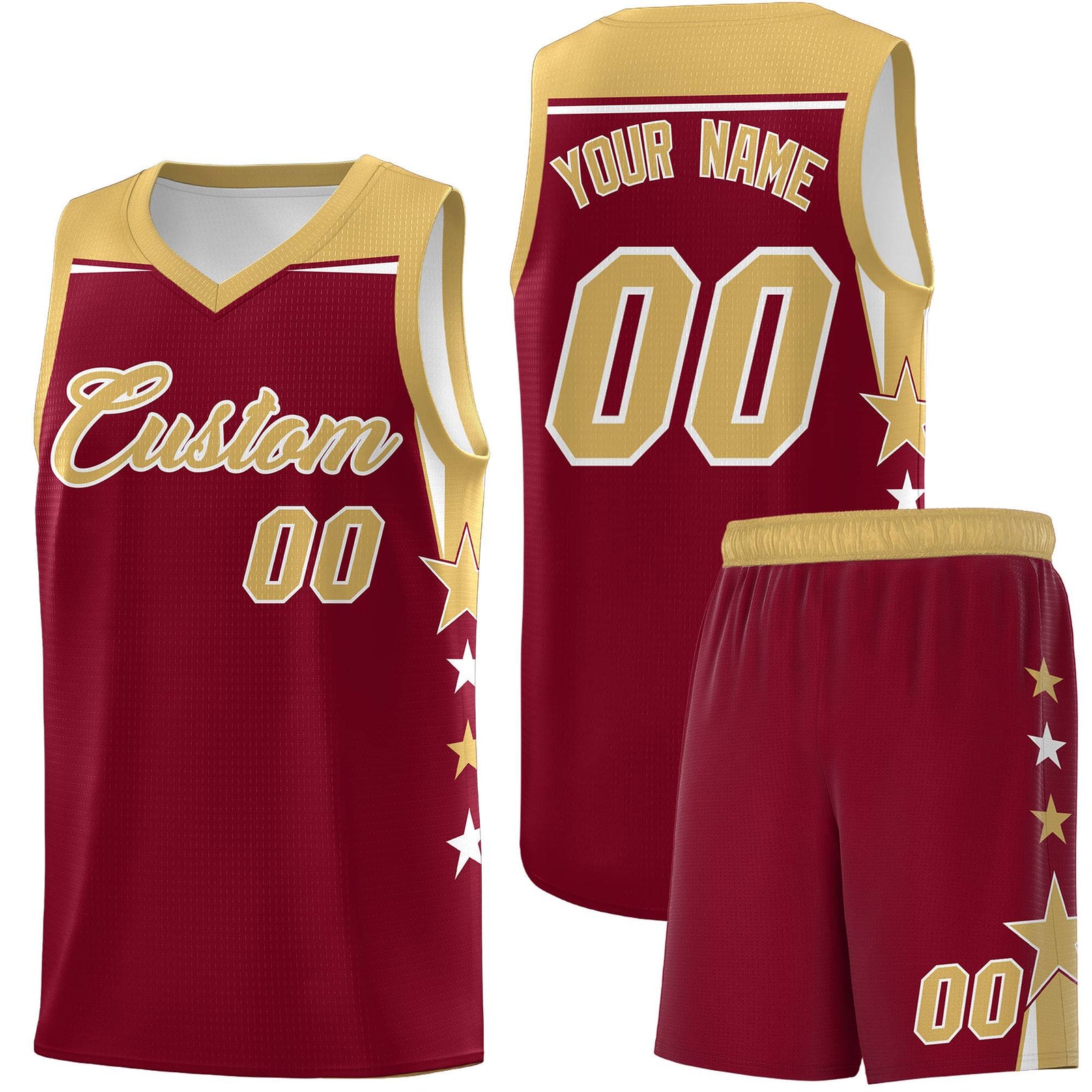 Custom Youth Basketball Uniform Crimson Old Gold Two Tone Side Star Color Block Team Jersey