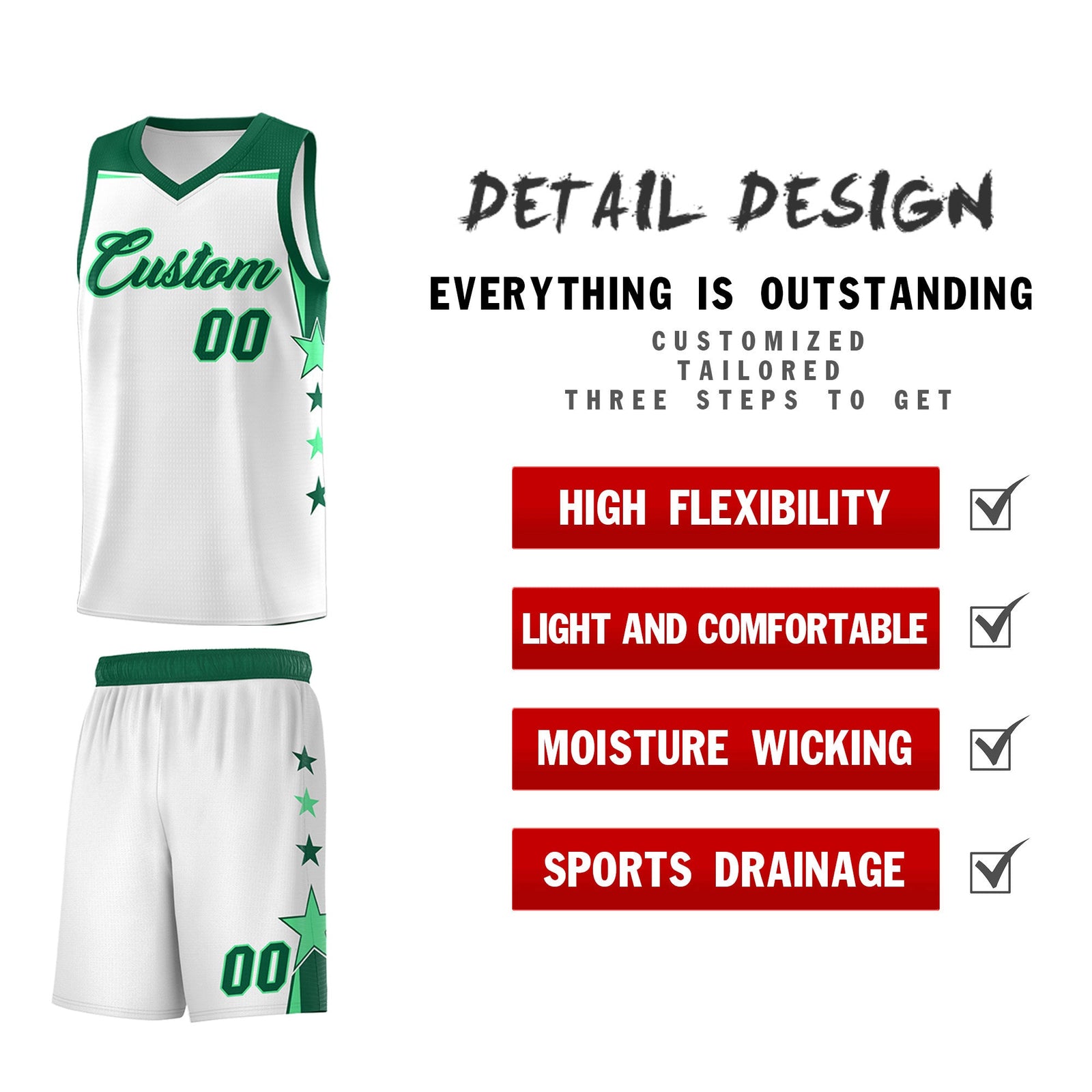 Custom Youth Basketball Uniform White Kelly Green Two Tone Side Star Add Name Number & Logo