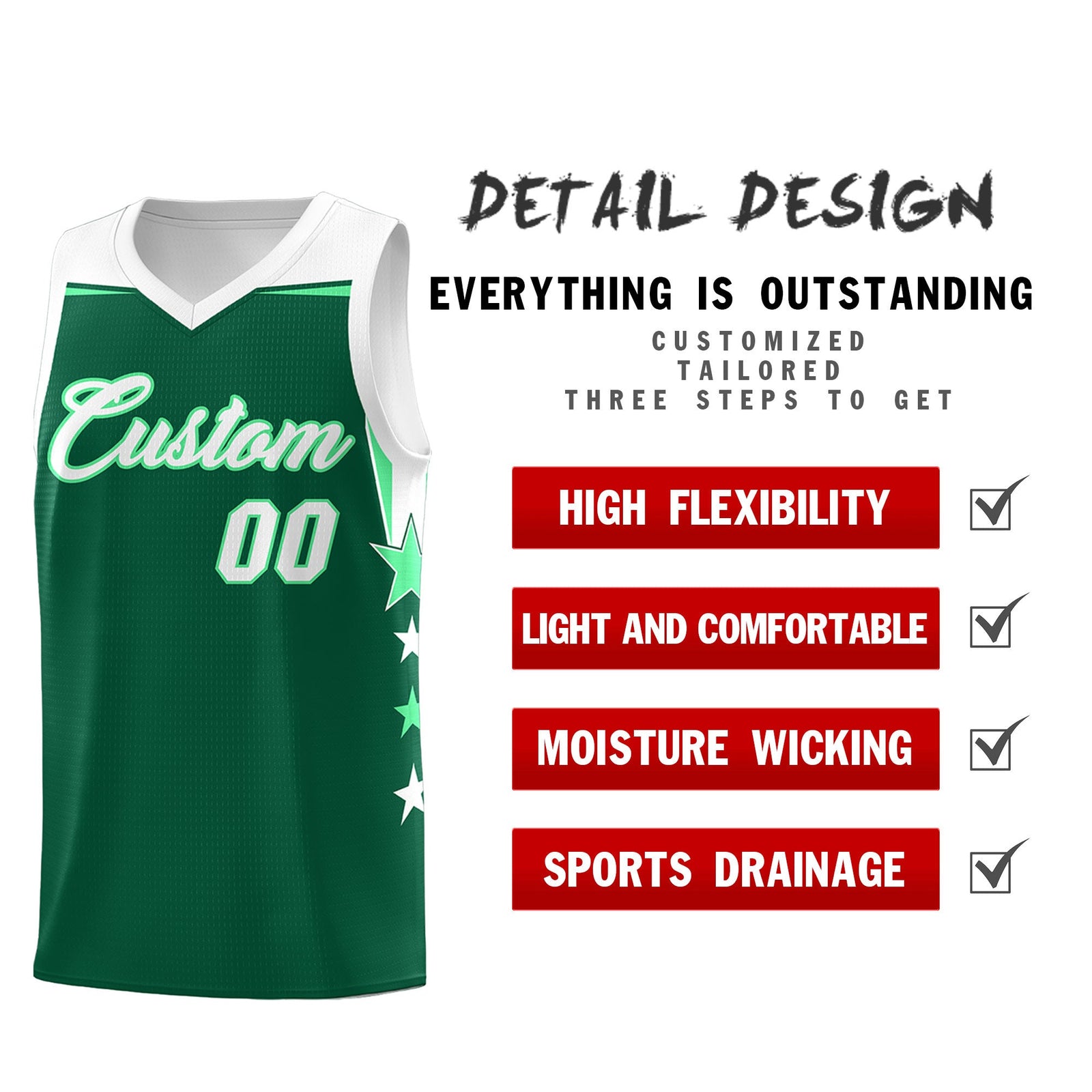 Custom Youth Basketball Uniform Kelly Green White Two Tone Side Star Personalized Team Jersey