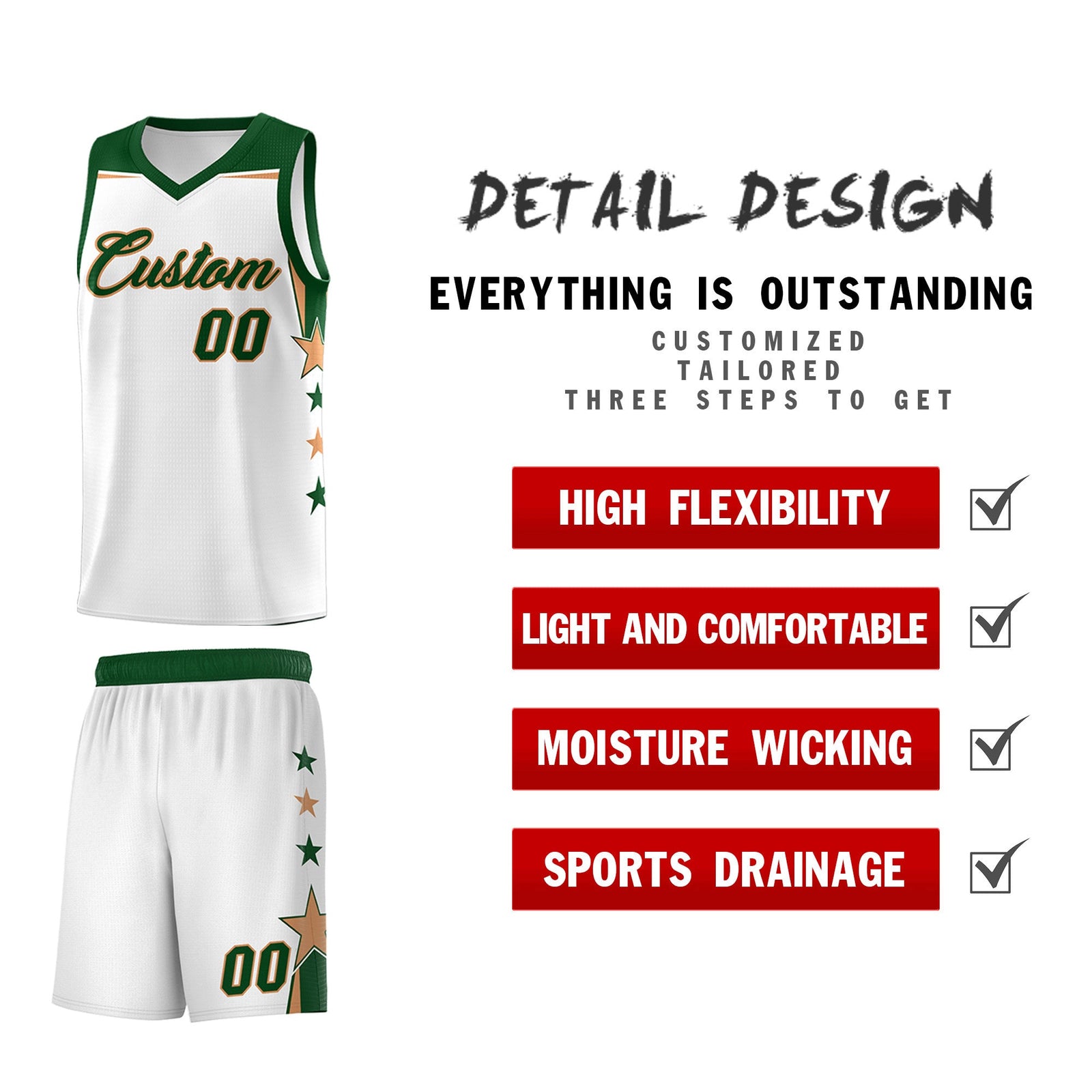 Custom Youth Basketball Uniform White Green Two Tone Side Star Add Name Number & Logo
