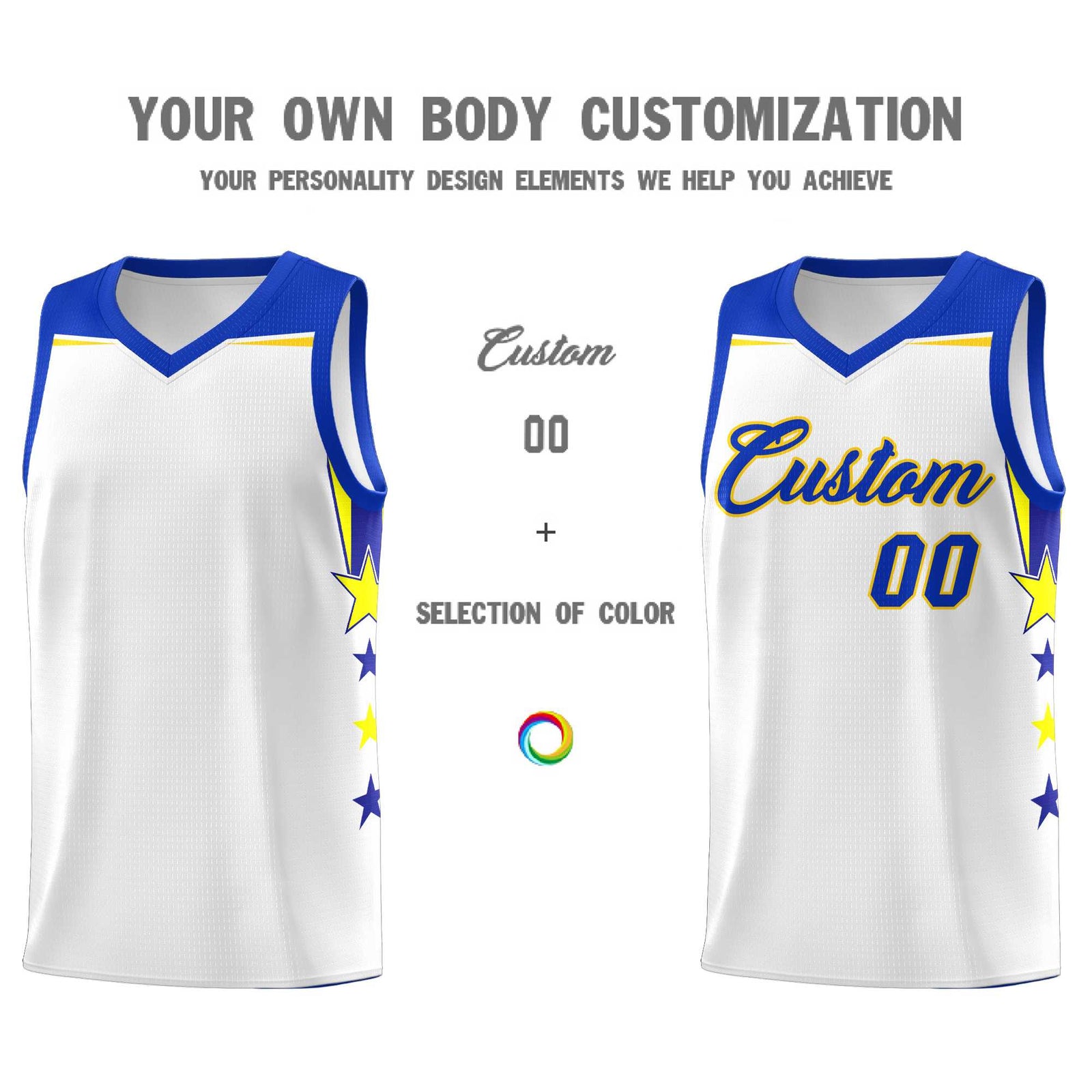 Custom Youth Basketball Uniform White Royal Two Tone Side Star Add Name Number & Logo