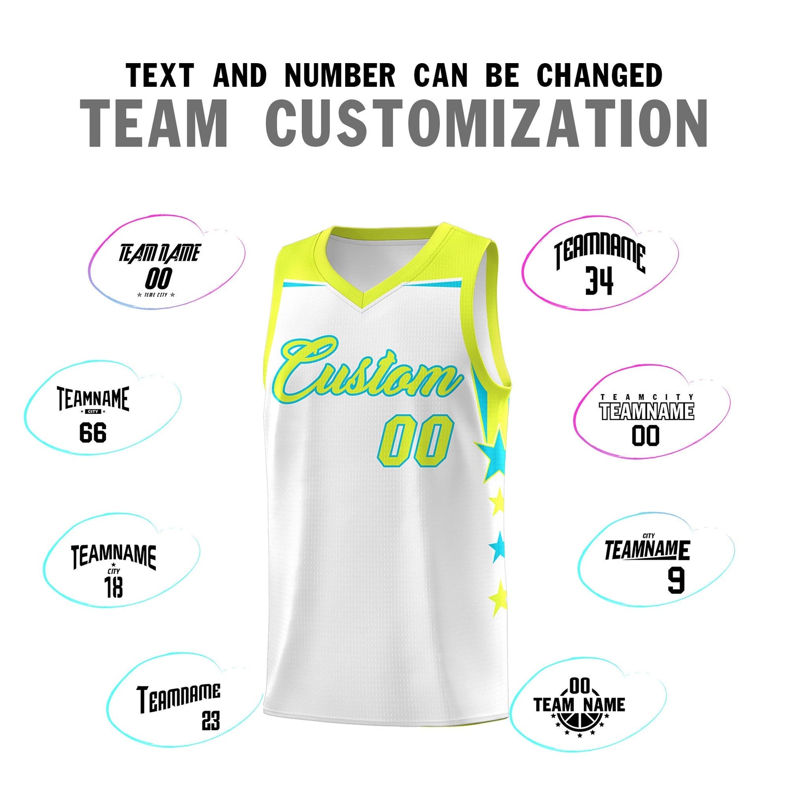 Custom Youth Basketball Uniform White Fluorescent Green Two Tone Side Star Add Name Number & Logo