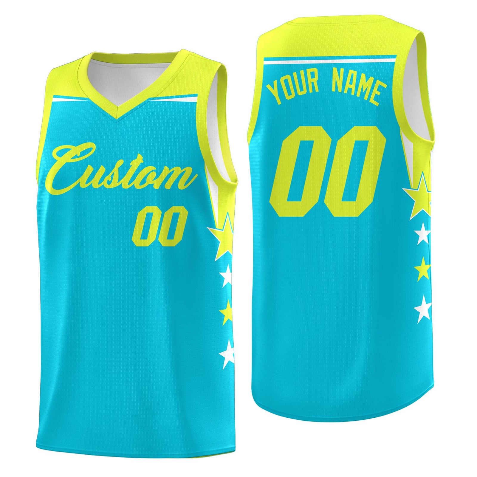 Custom Youth Basketball Uniform Sky Blue Fluorescent Green Two Tone Side Star Color Block Team Jersey