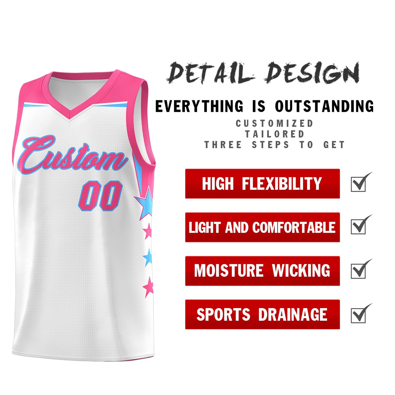 Custom Youth Basketball Uniform White Pink Two Tone Side Star Add Name Number & Logo