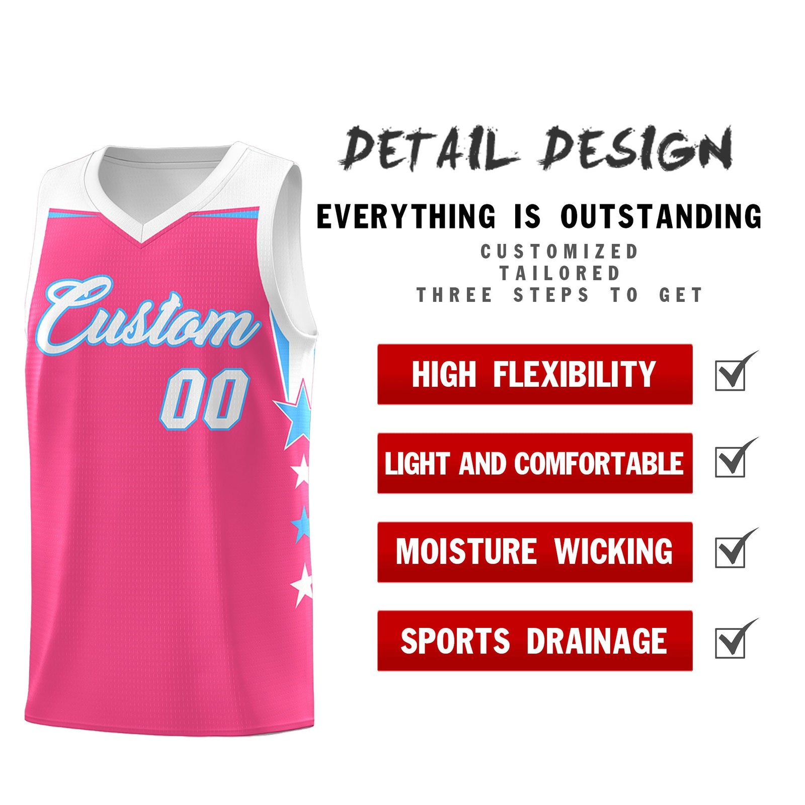 Custom Youth Basketball Uniform Pink White Two Tone Side Star Personalized Team Jersey