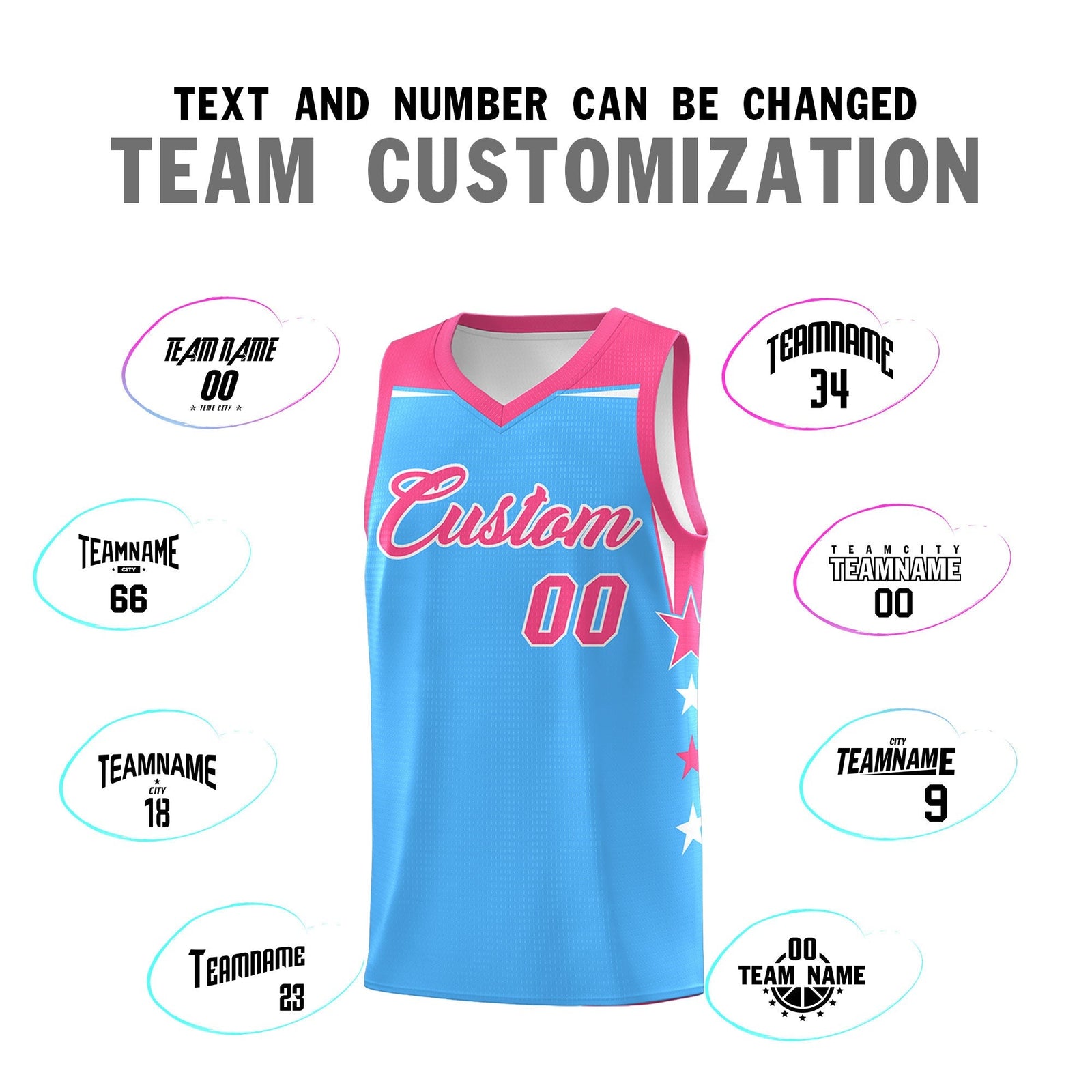 Custom Youth Basketball Uniform Powder Blue Pink Two Tone Side Star Color Block Team Jersey