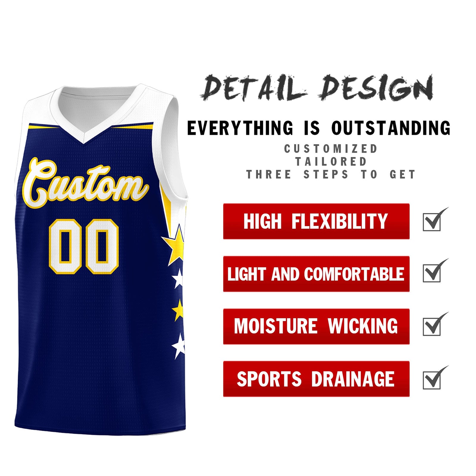 Custom Youth Basketball Uniform Navy White Two Tone Side Star Add Name Number & Logo