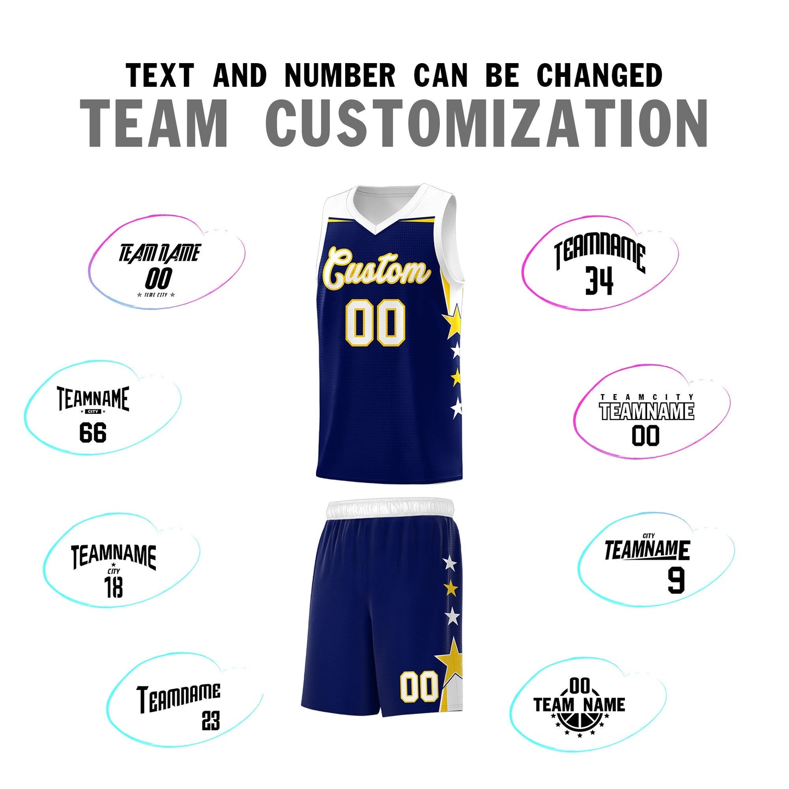 Custom Youth Basketball Uniform Navy White Two Tone Side Star Add Name Number & Logo