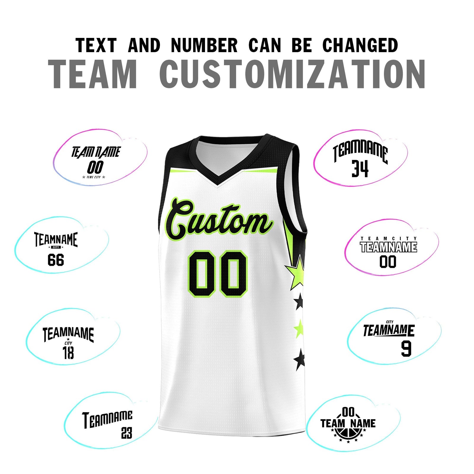 Custom Youth Basketball Uniform White Black Two Tone Side Star Add Name Number & Logo