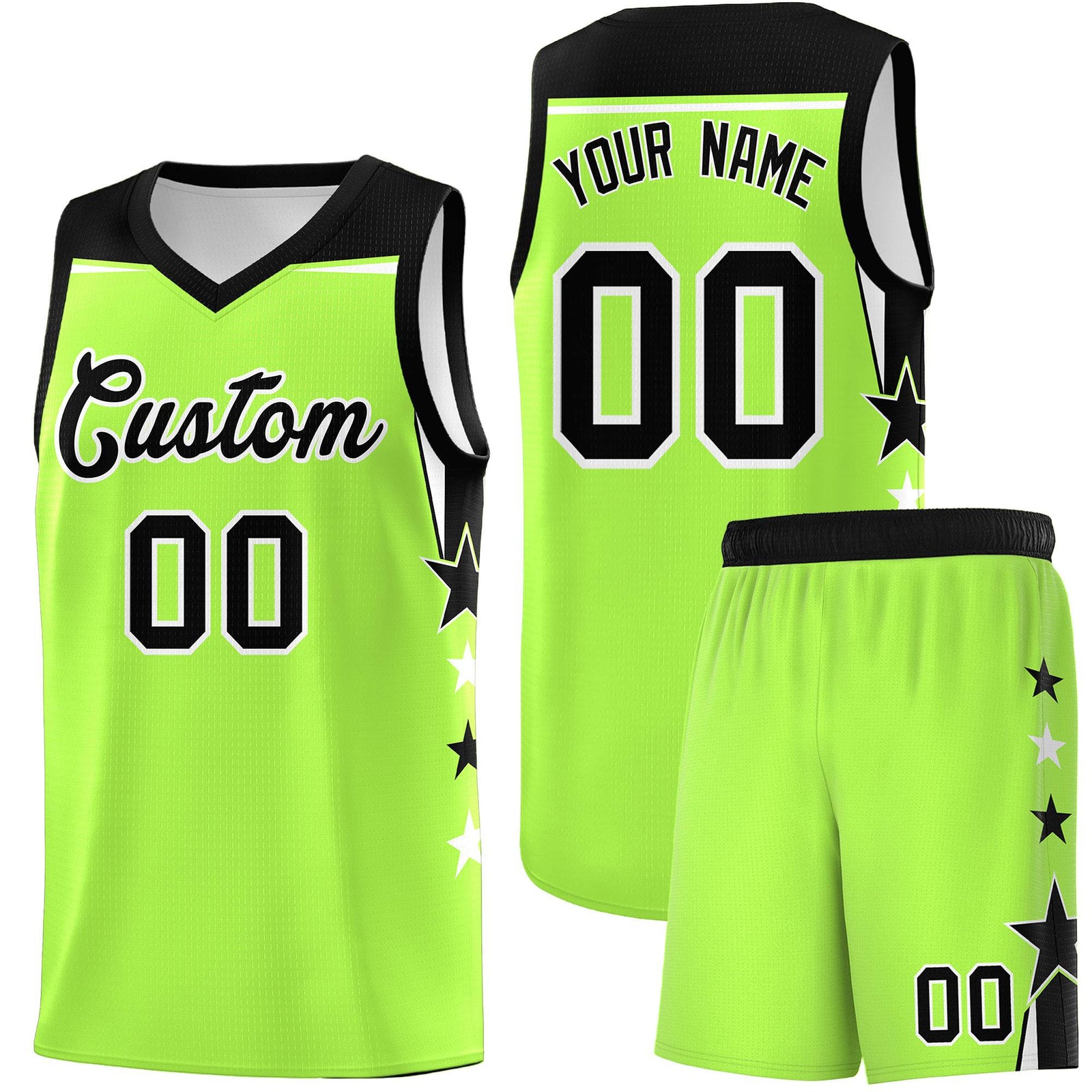 Custom Youth Basketball Uniform Fluorescent Green Black Two Tone Side Star Add Name Number & Logo