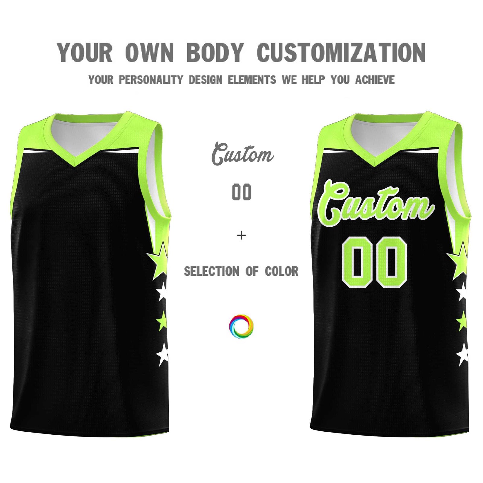 Custom Youth Basketball Uniform Black Fluorescent Green Two Tone Side Star Personalized Team Jersey
