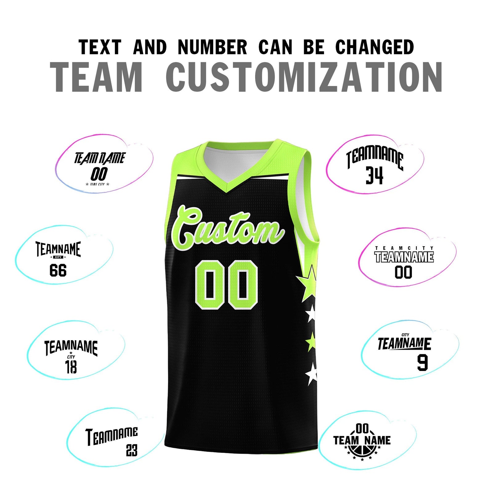 Custom Youth Basketball Uniform Black Fluorescent Green Two Tone Side Star Personalized Team Jersey
