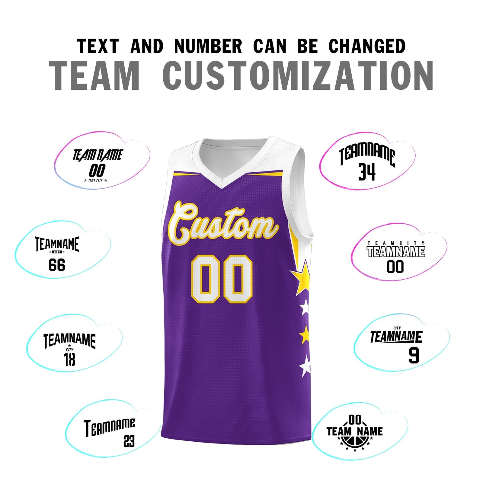 Custom Youth Basketball Uniform Purple White Two Tone Side Star Add Name Number & Logo