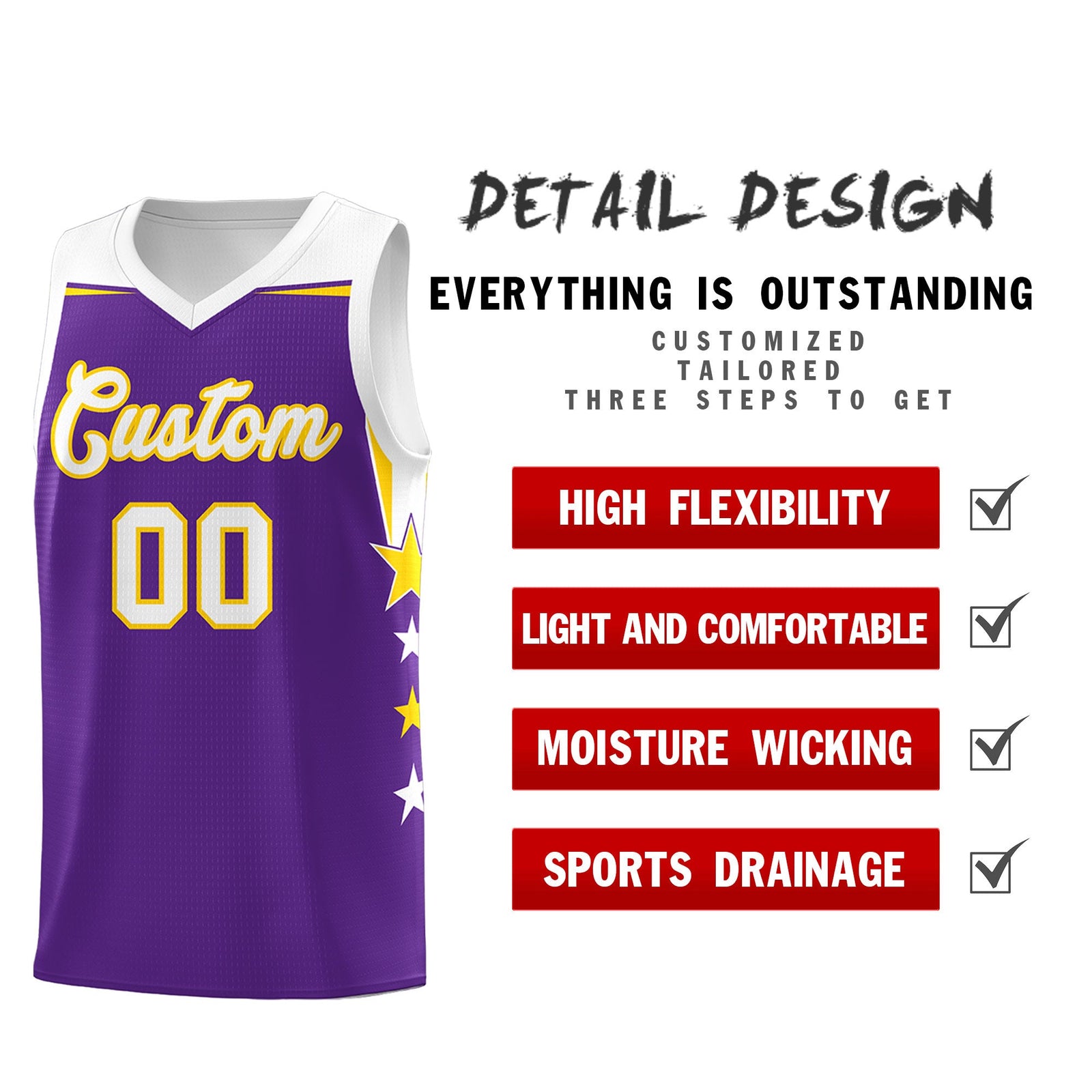 Custom Youth Basketball Uniform Purple White Two Tone Side Star Add Name Number & Logo
