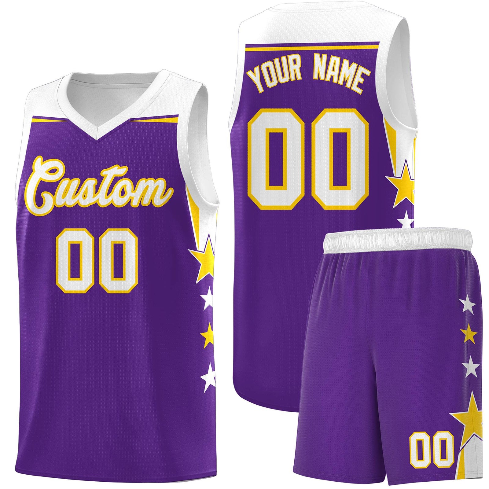 Custom Youth Basketball Uniform Purple White Two Tone Side Star Add Name Number & Logo