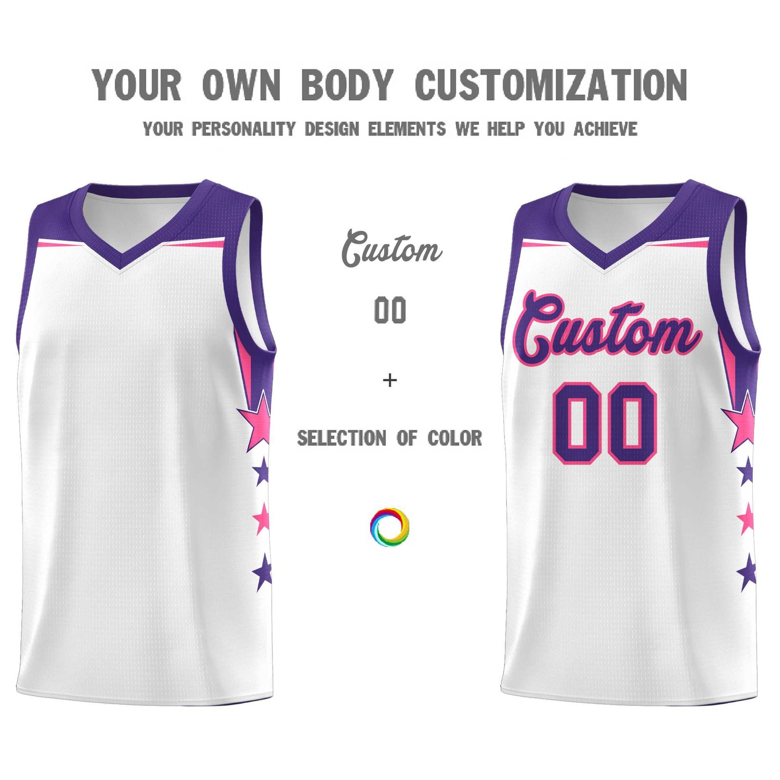 Custom Youth Basketball Uniform White Purple Two Tone Side Star Color Block Team Jersey