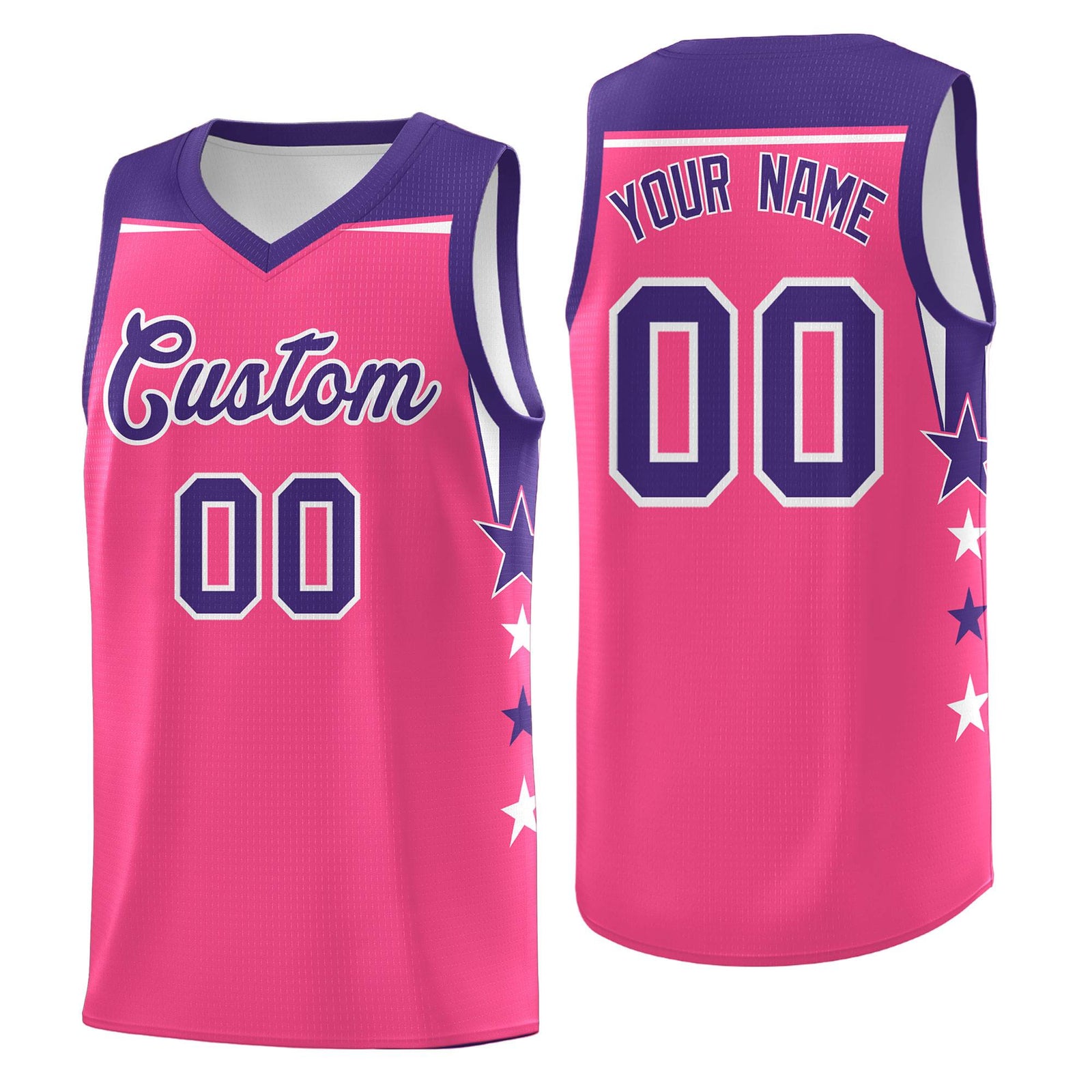Custom Youth Basketball Uniform Pink Purple Two Tone Side Star Add Name Number & Logo
