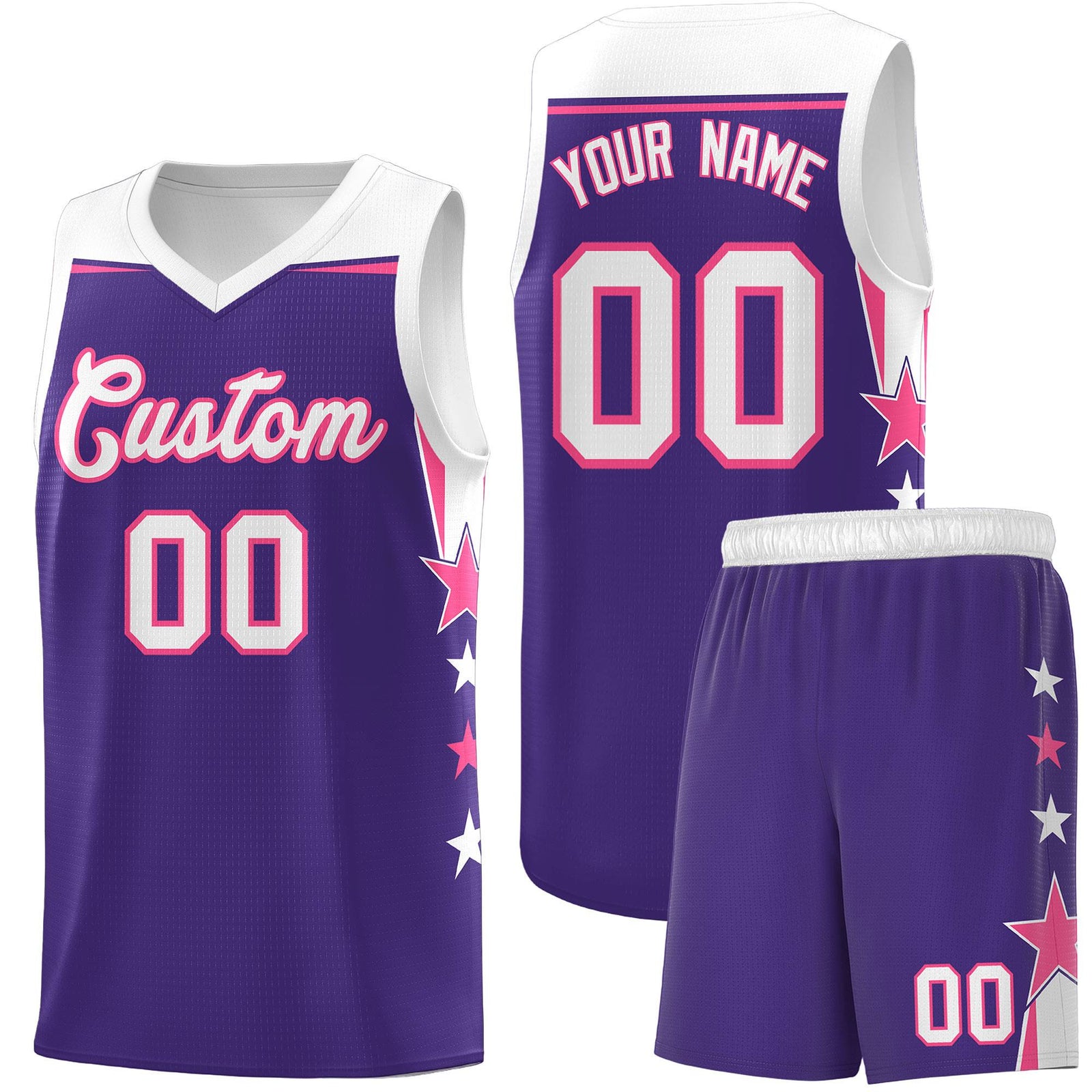 Custom Youth Basketball Uniform Purple White Two Tone Side Star Personalized Team Jersey