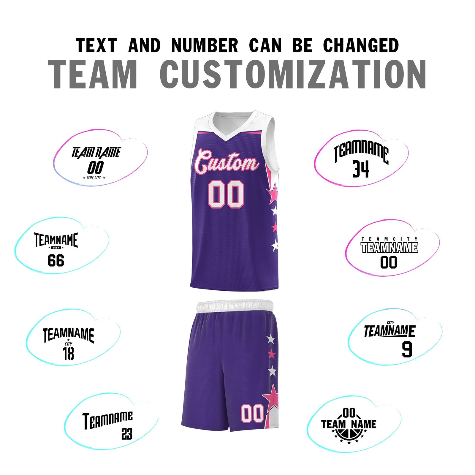 Custom Youth Basketball Uniform Purple White Two Tone Side Star Personalized Team Jersey