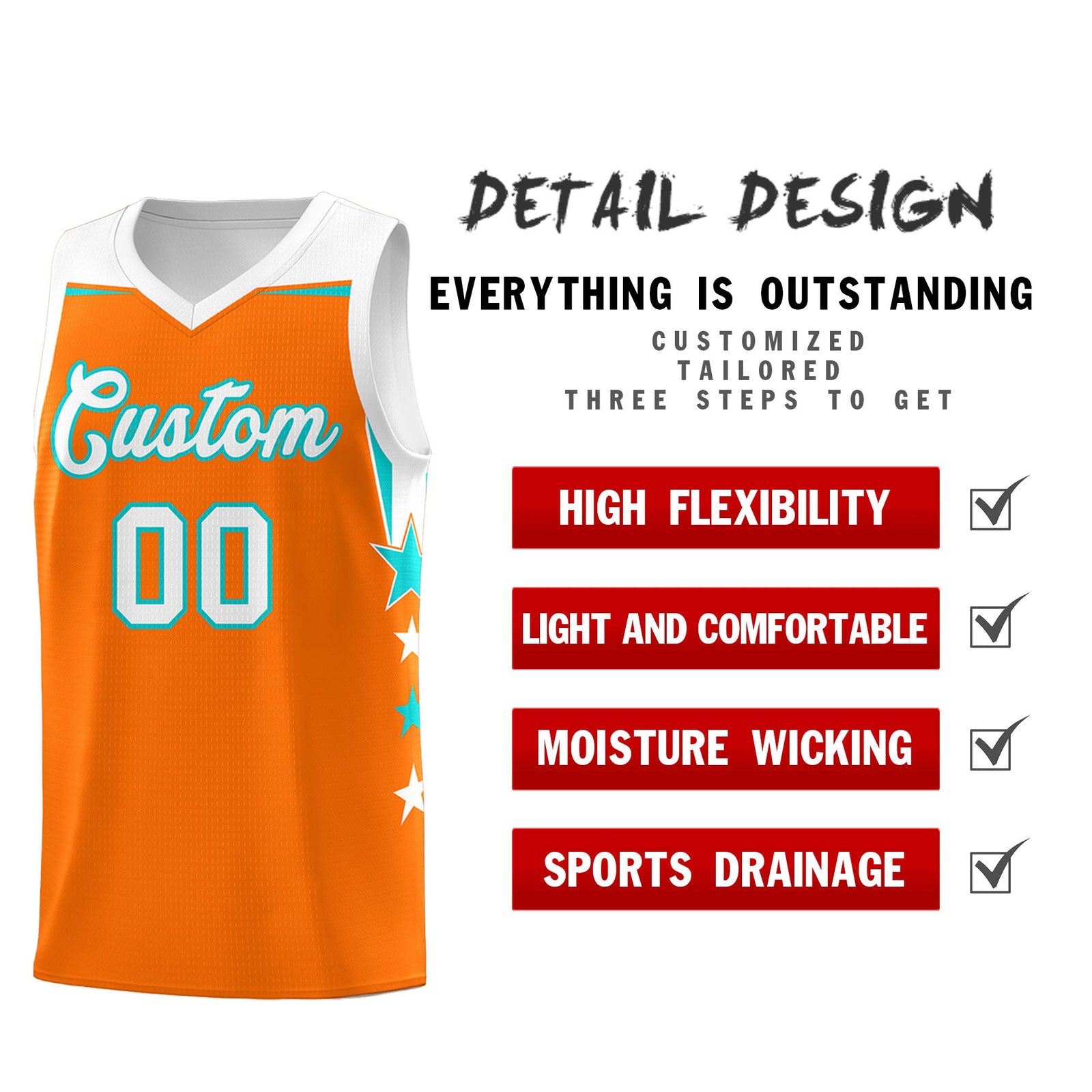 Custom Youth Basketball Uniform Orange White Two Tone Side Star Add Name Number & Logo