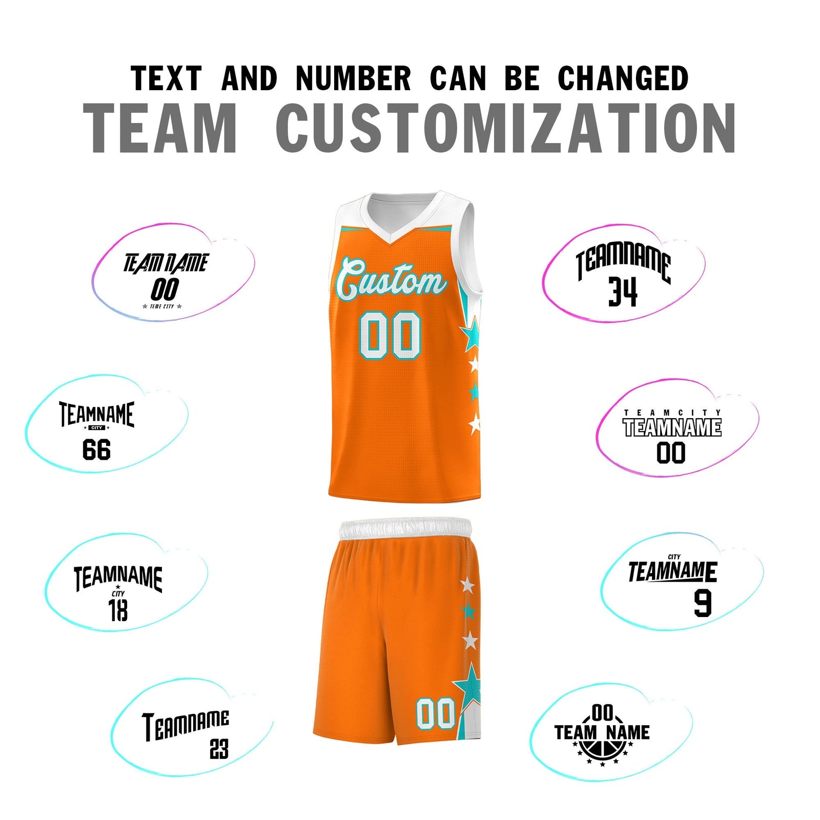 Custom Youth Basketball Uniform Orange White Two Tone Side Star Add Name Number & Logo