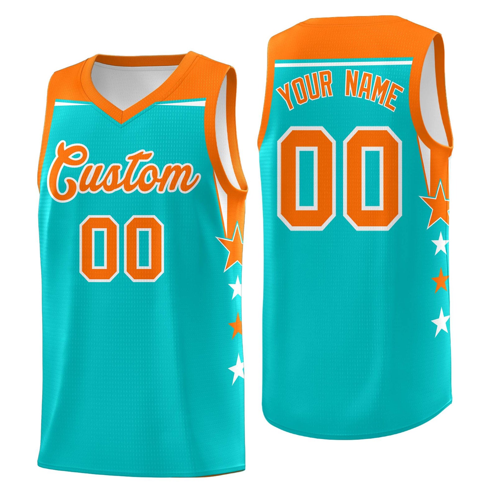 Custom Youth Basketball Uniform Aqua Orange Two Tone Side Star Personalized Team Jersey