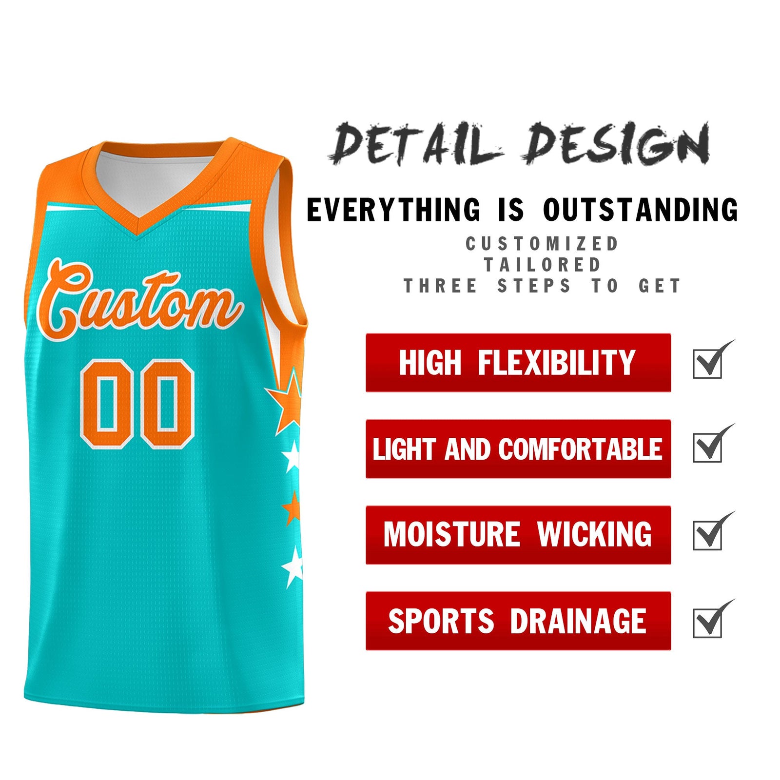 Custom Youth Basketball Uniform Aqua Orange Two Tone Side Star Personalized Team Jersey
