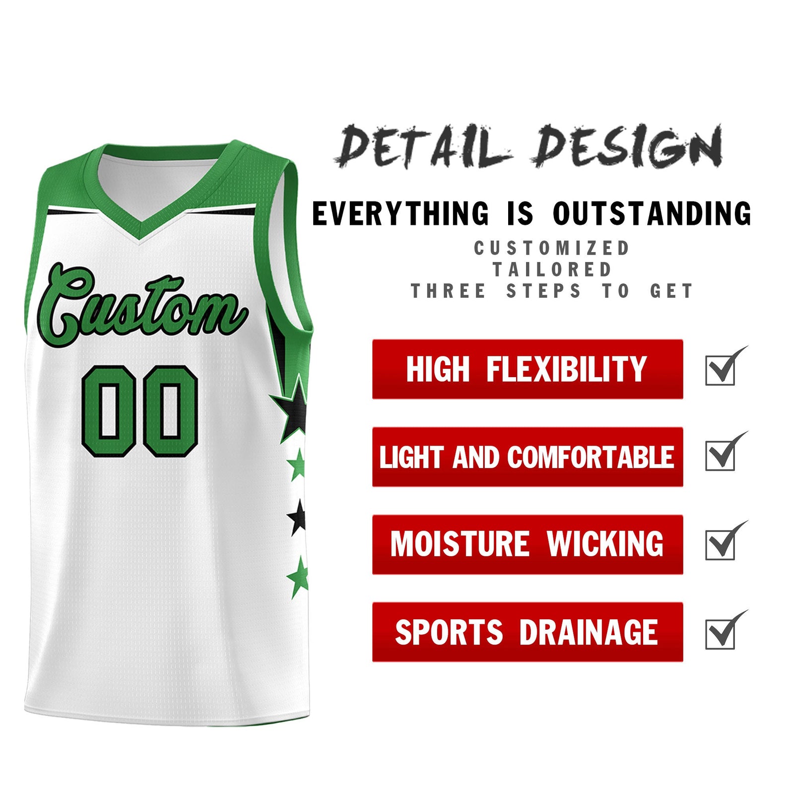 Custom Youth Basketball Uniform White Kelly Green Two Tone Side Star Color Block Team Jersey