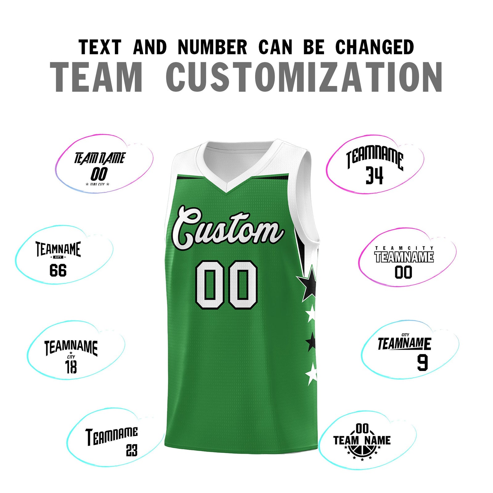 Custom Youth Basketball Uniform Kelly Green White Two Tone Side Star Add Name Number & Logo