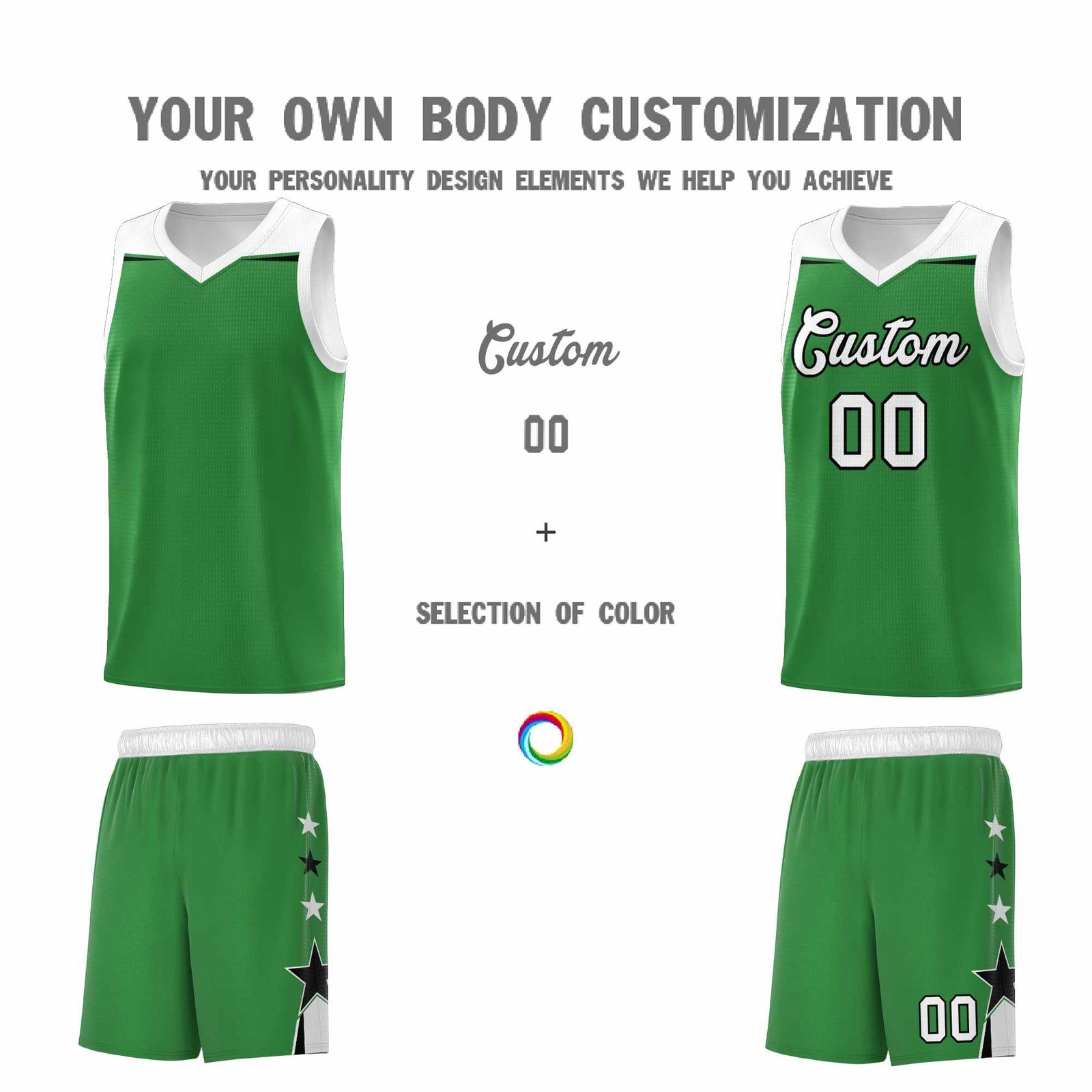 Custom Youth Basketball Uniform Kelly Green White Two Tone Side Star Add Name Number & Logo