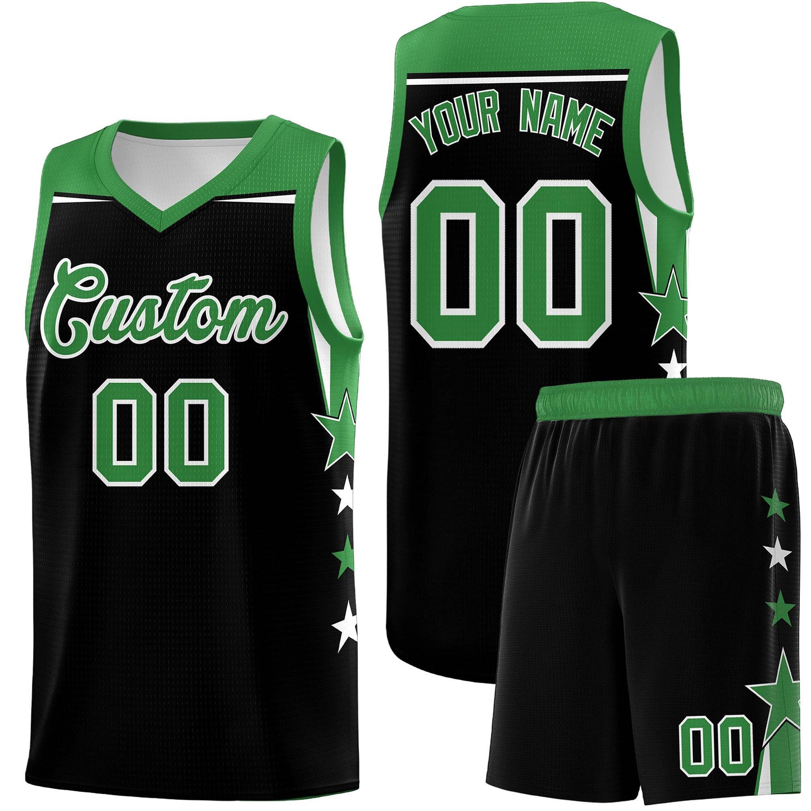 Custom Youth Basketball Uniform Black Kelly Green Two Tone Side Star Personalized Team Jersey