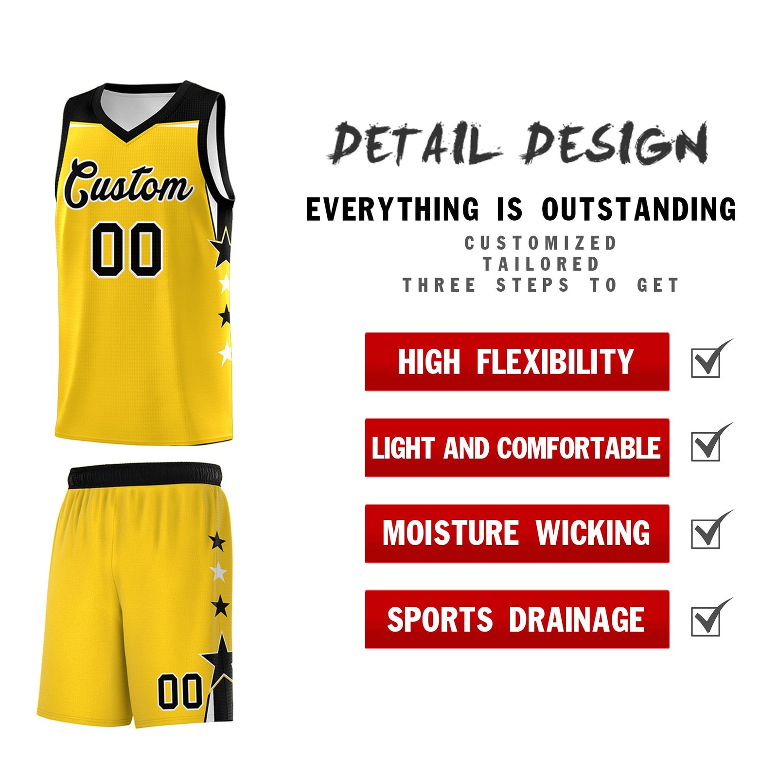 Custom Youth Basketball Uniform Gold Black Two Tone Side Star Personalized Team Jersey
