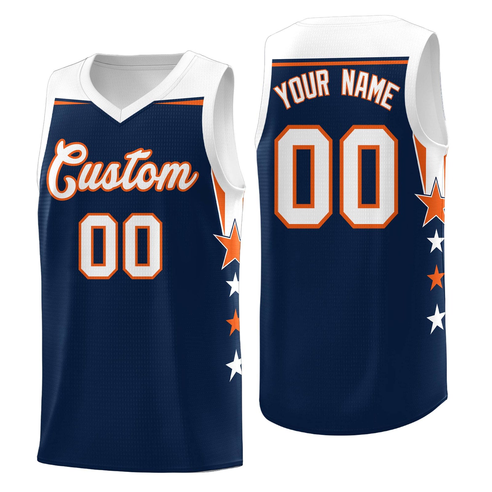 Custom Youth Basketball Uniform Navy White Two Tone Side Star Add Name Number & Logo