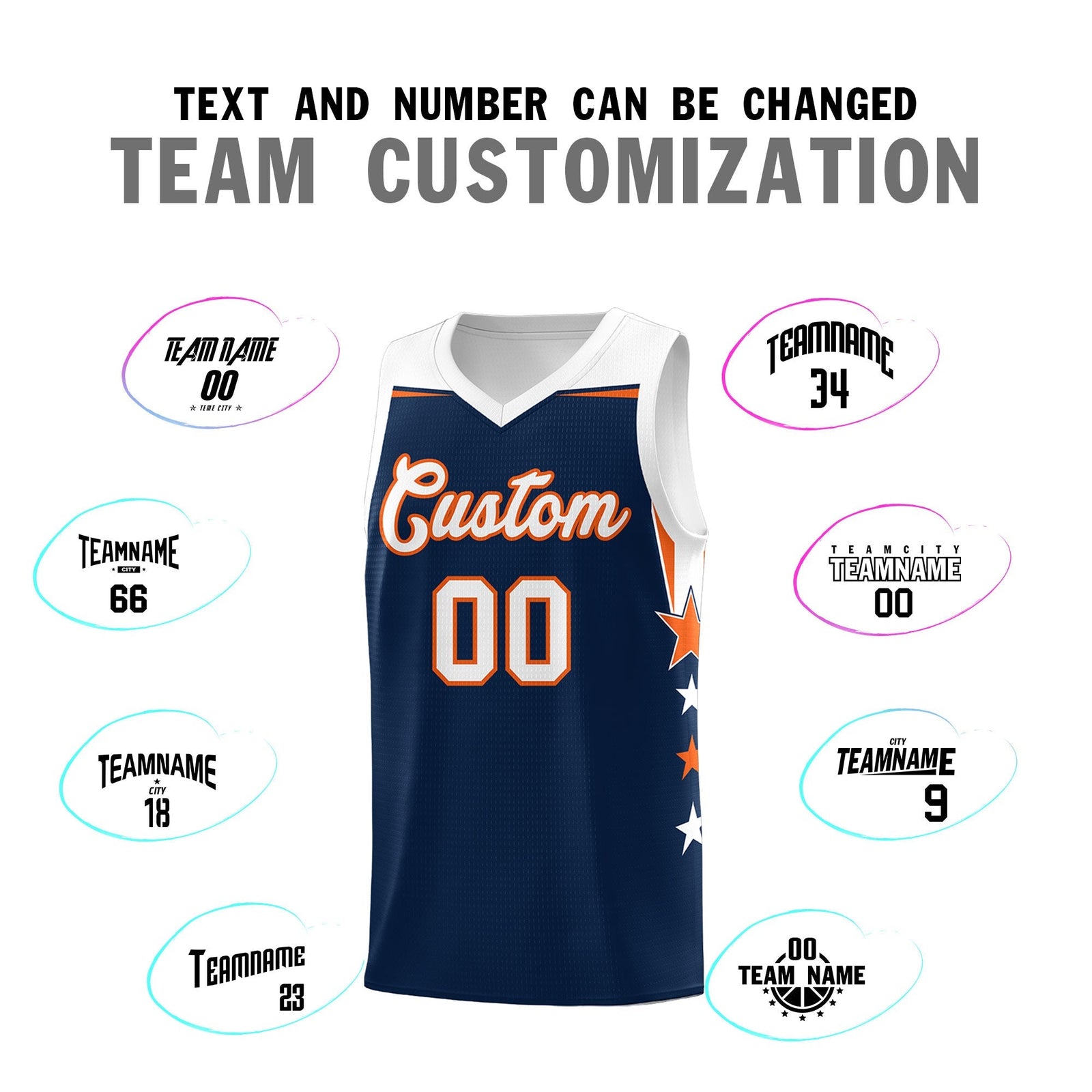 Custom Youth Basketball Uniform Navy White Two Tone Side Star Add Name Number & Logo