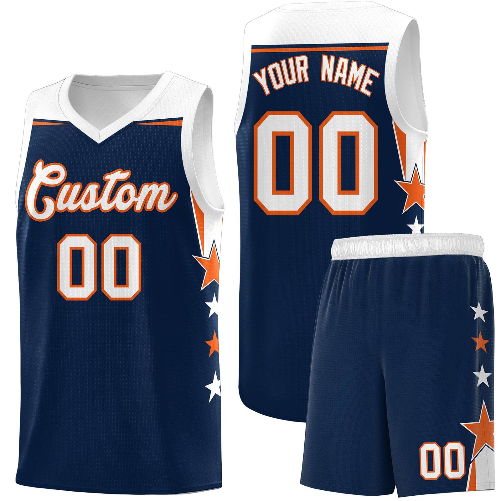 Custom Youth Basketball Uniform Navy White Two Tone Side Star Add Name Number & Logo